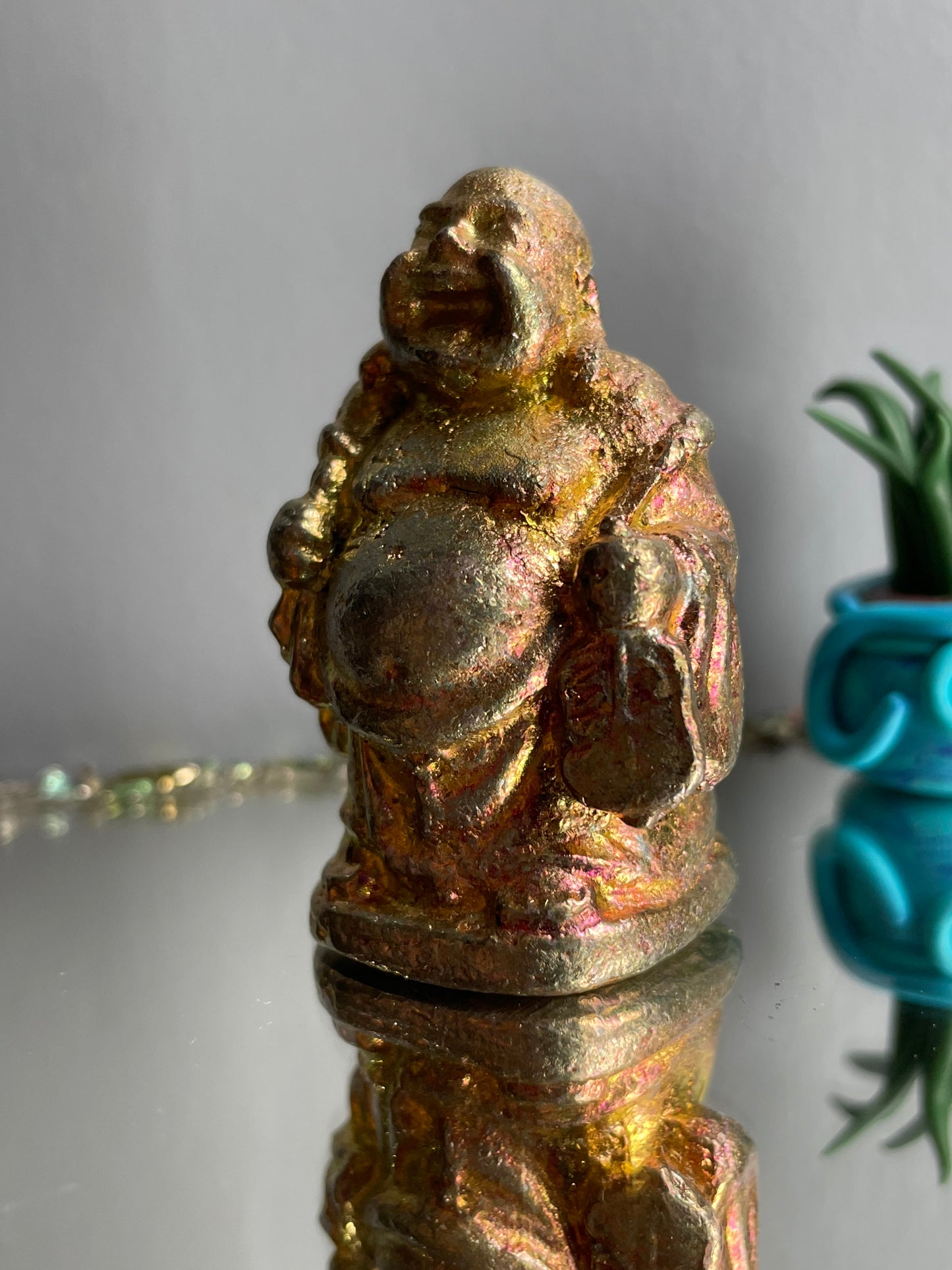 Gold Peach Bismuth Crystal Travelling Buddha Metal Art Sculpture