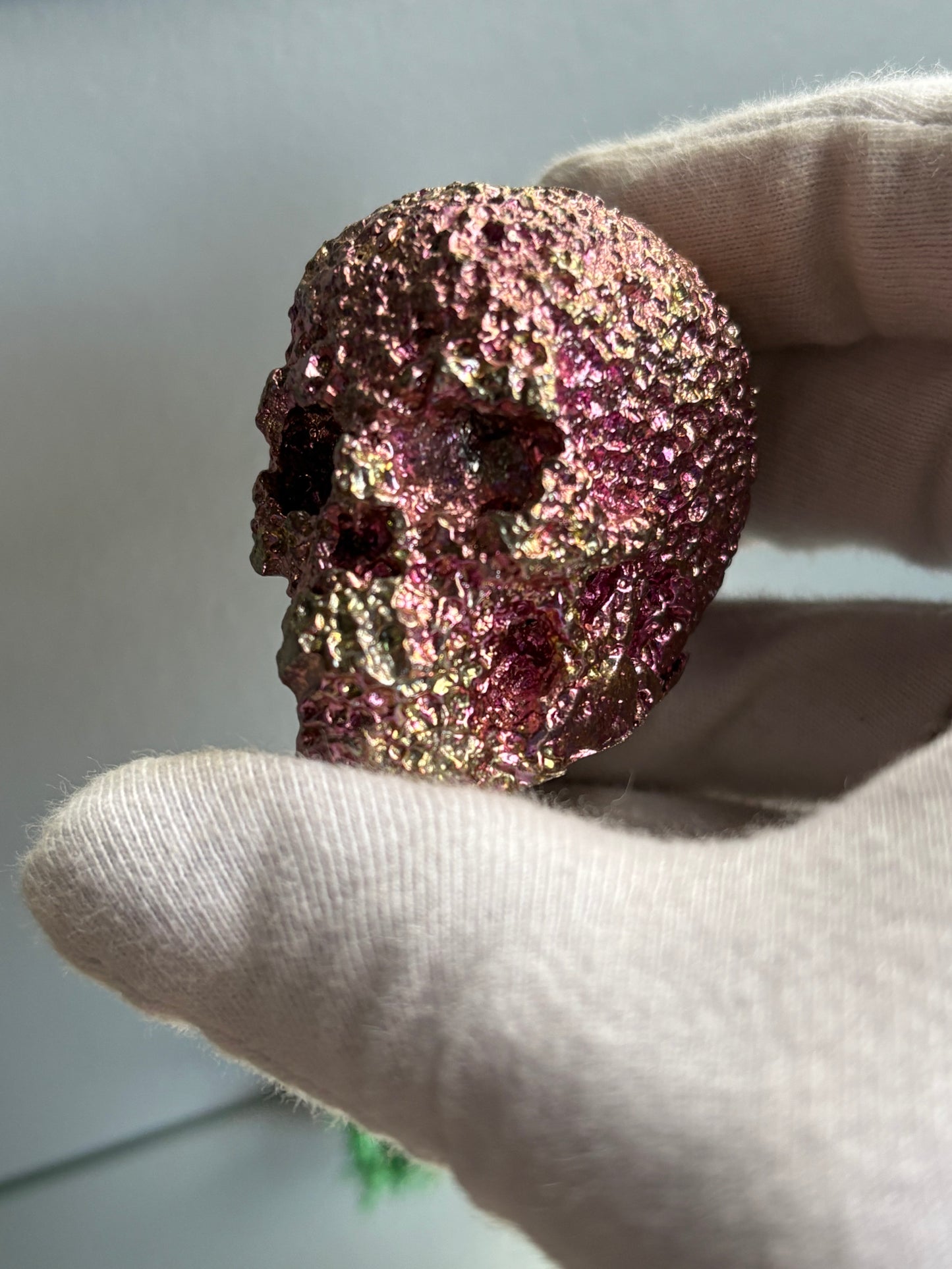 Pink Bismuth Crystal Coral Skull Large Metal Art Sculpture