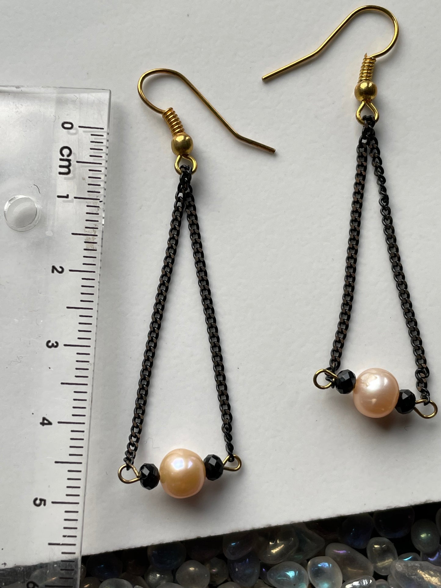 Peach Pearl & Black Spinel Crystal Gemstone Black Gold Chain Earrings (Certified)