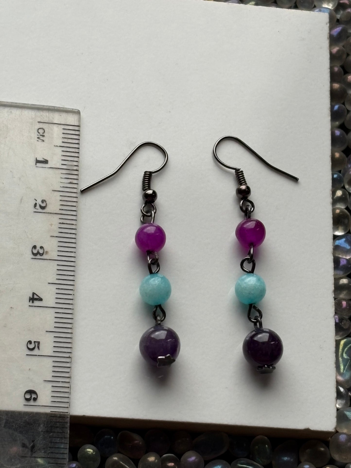 Purple Blue Quartz & Amethyst Crystal Gemstone Beaded Drop Earrings