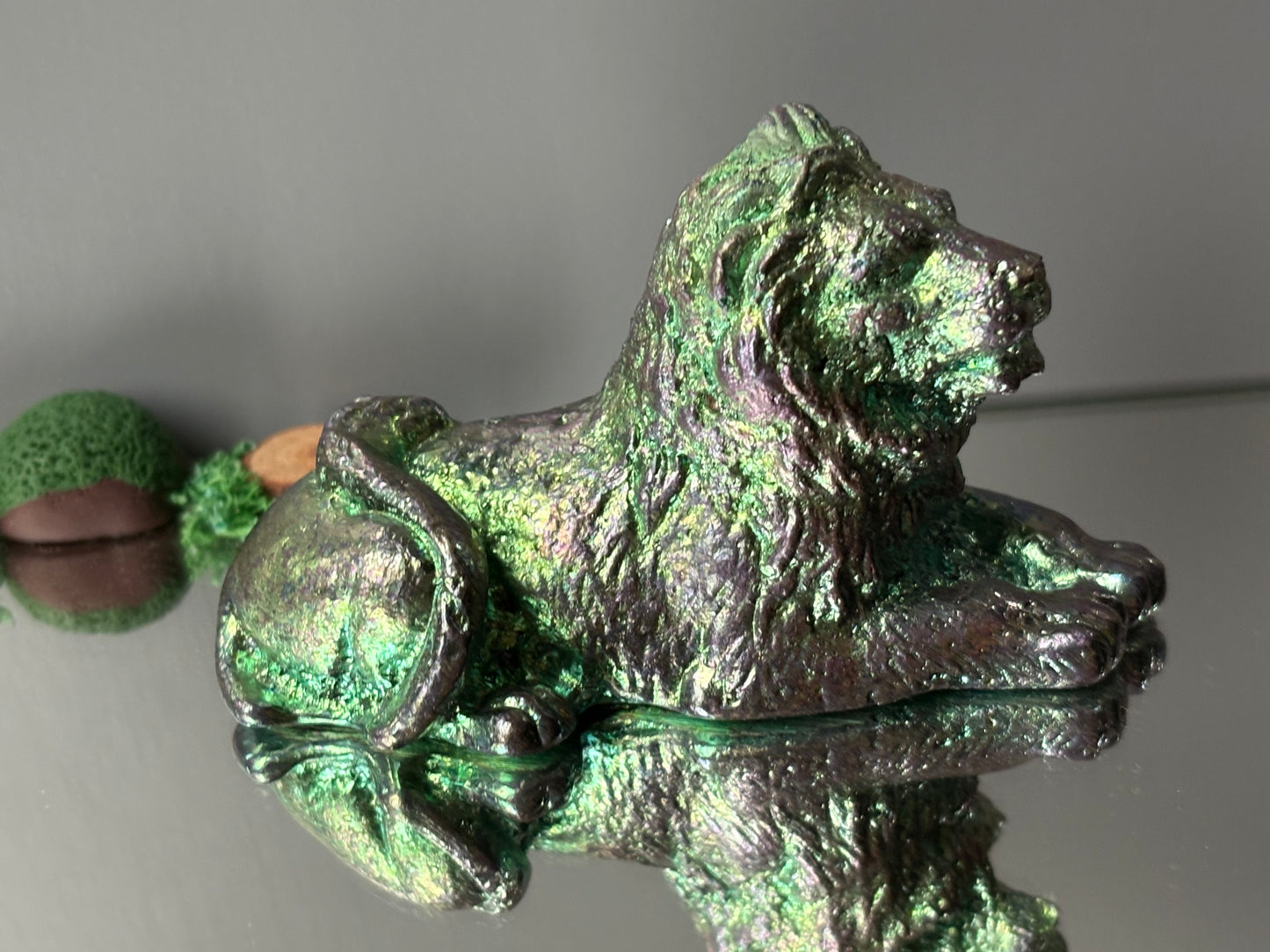 Teal Bismuth Crystal Lion Metal Art Sculpture