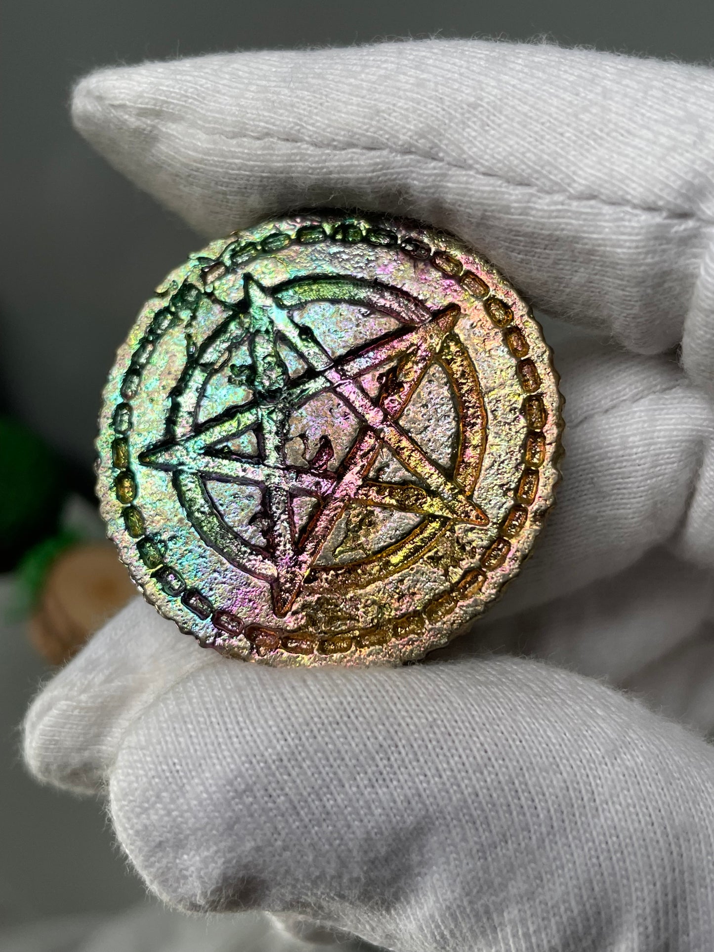 Rainbow Bismuth Crystal Star Coin Metal Sculpture Art (1)