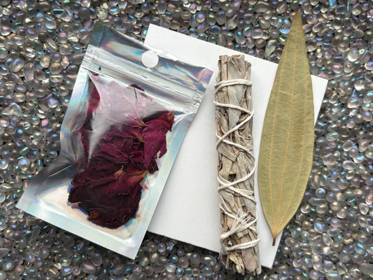 Rose Petals Sage Bay Leaf - Bloom & Stay Blessed Burning Gift Set