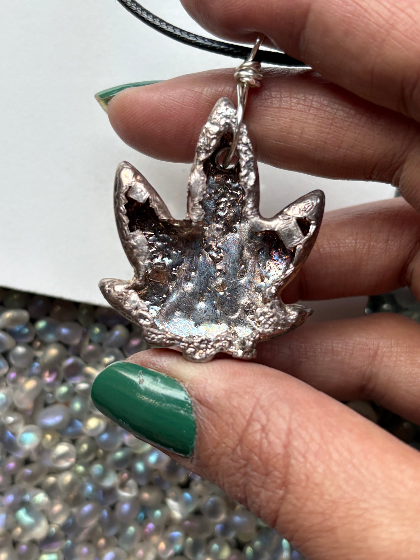 Silver Bismuth Crystal Silver Haze Leaf Necklace (1)