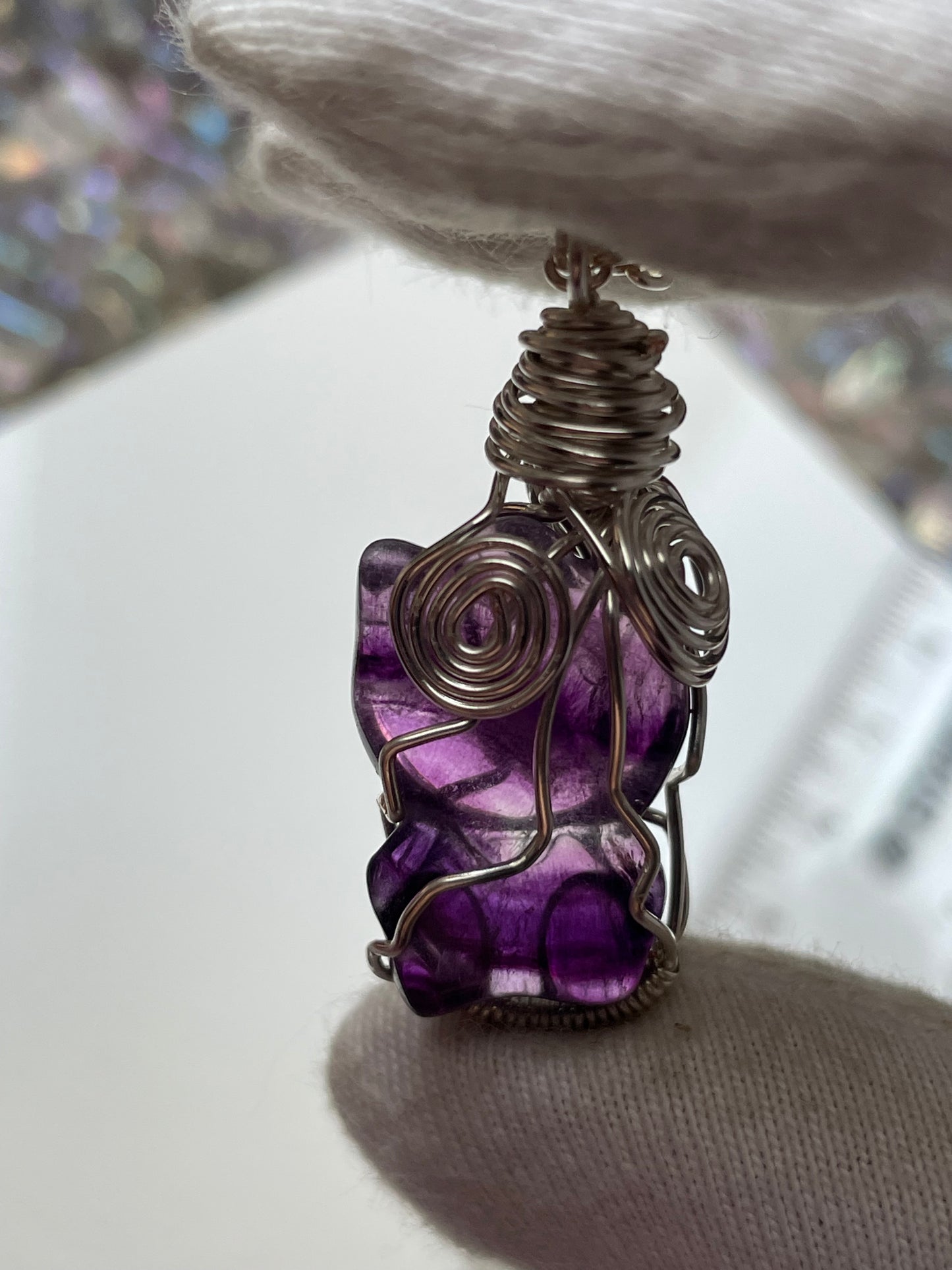 Fluorite Crystal Gemstone Hello Kitty Carving Silver Wire Wrap Necklace