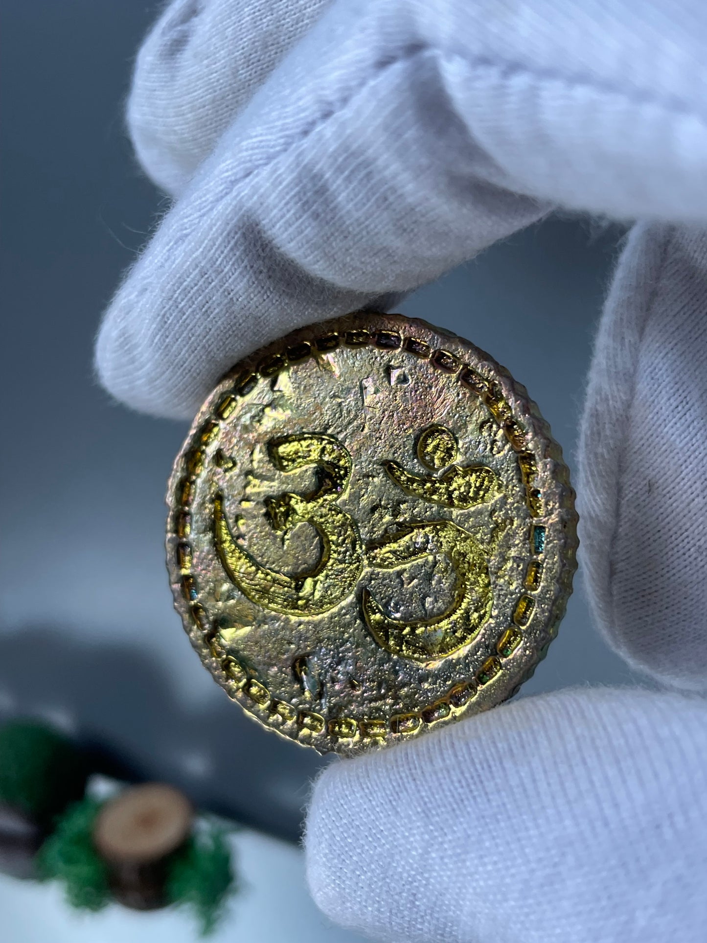 Gold Bismuth Crystal Om Coin Metal Art Sculpture