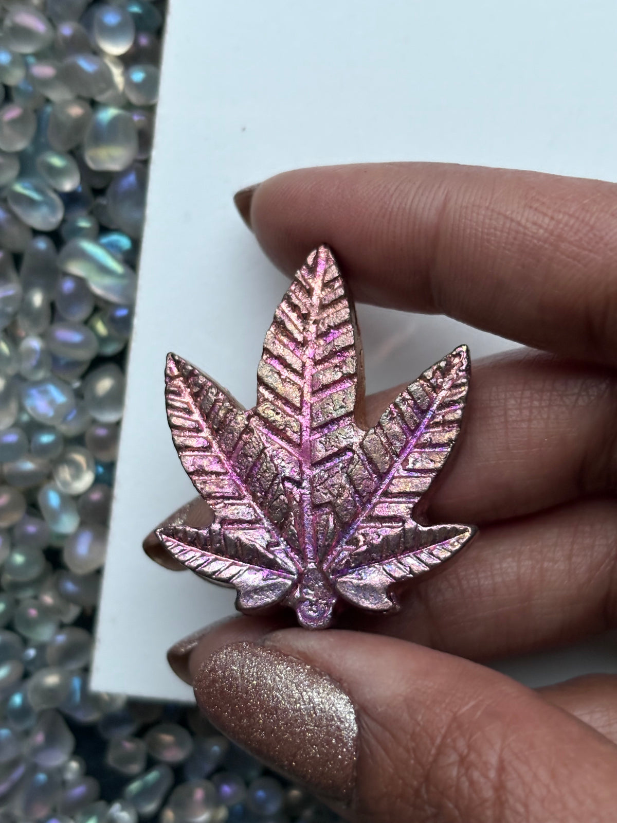 Peach Pink Bismuth Crystal Pot Leaf Metal Art Sculpture