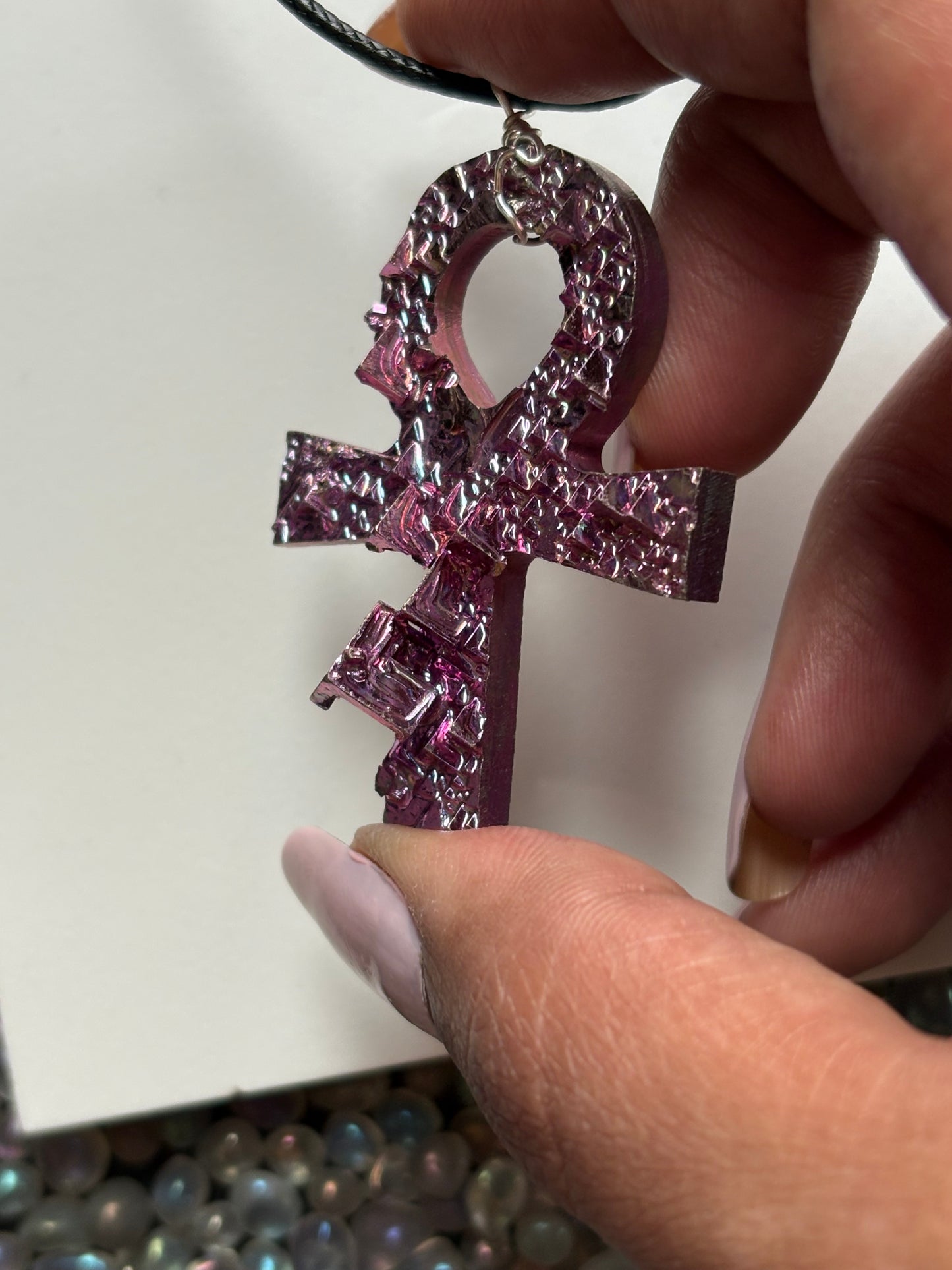 Pink Bismuth Ankh Crystal Cut Out Metal Art Necklace