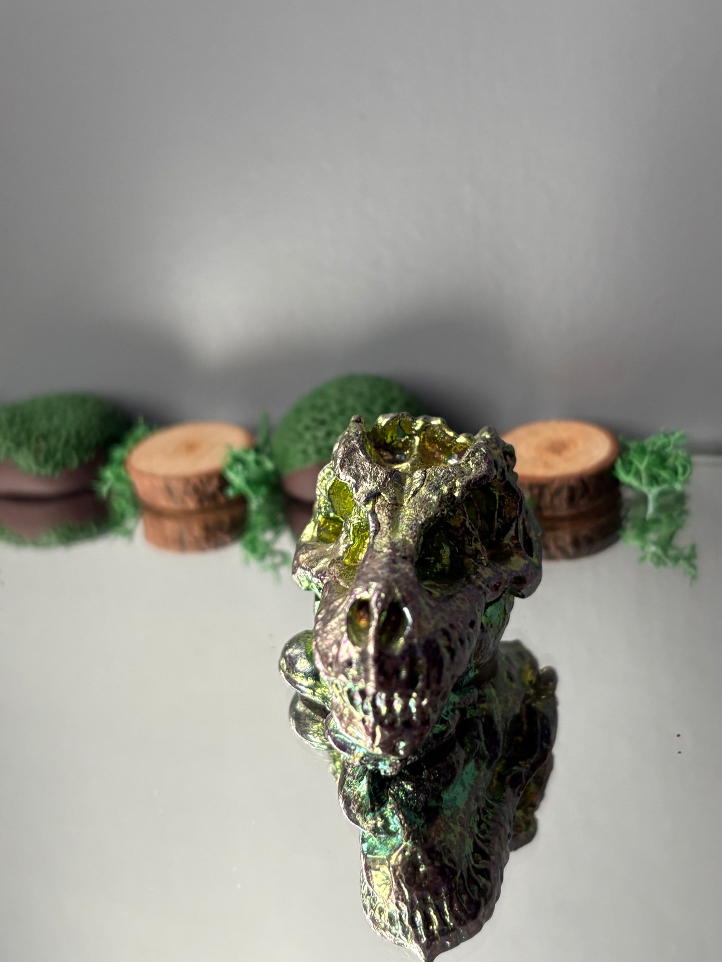 Teal Green Bismuth Crystal Small Trex Skull Metal Art Sculpture