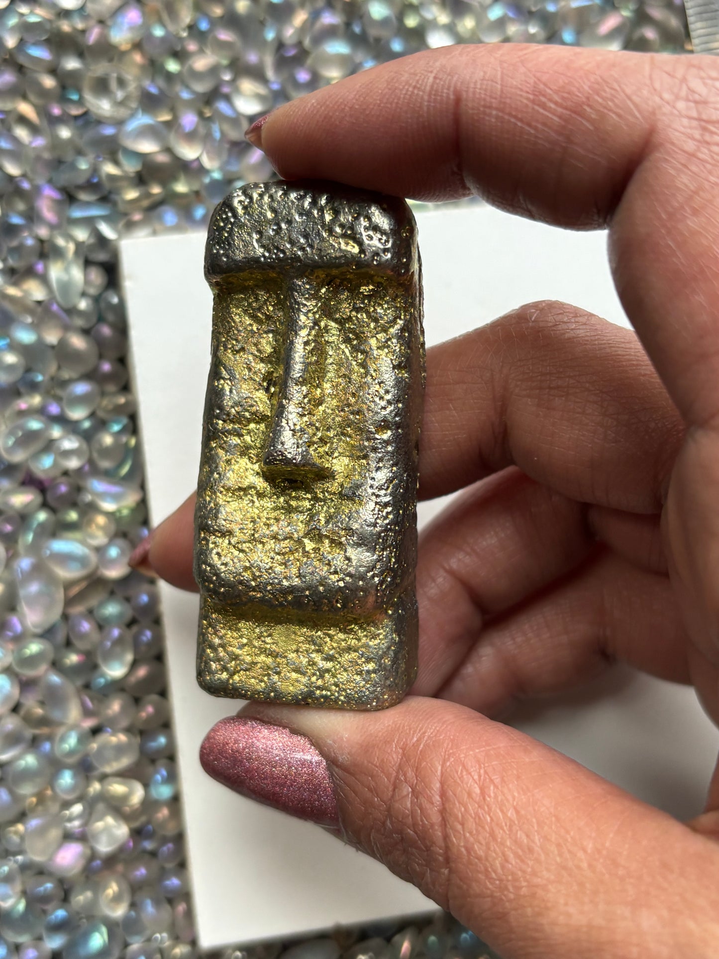 Gold Bismuth Crystal Moai Head Easter Island Metal Art Sculpture