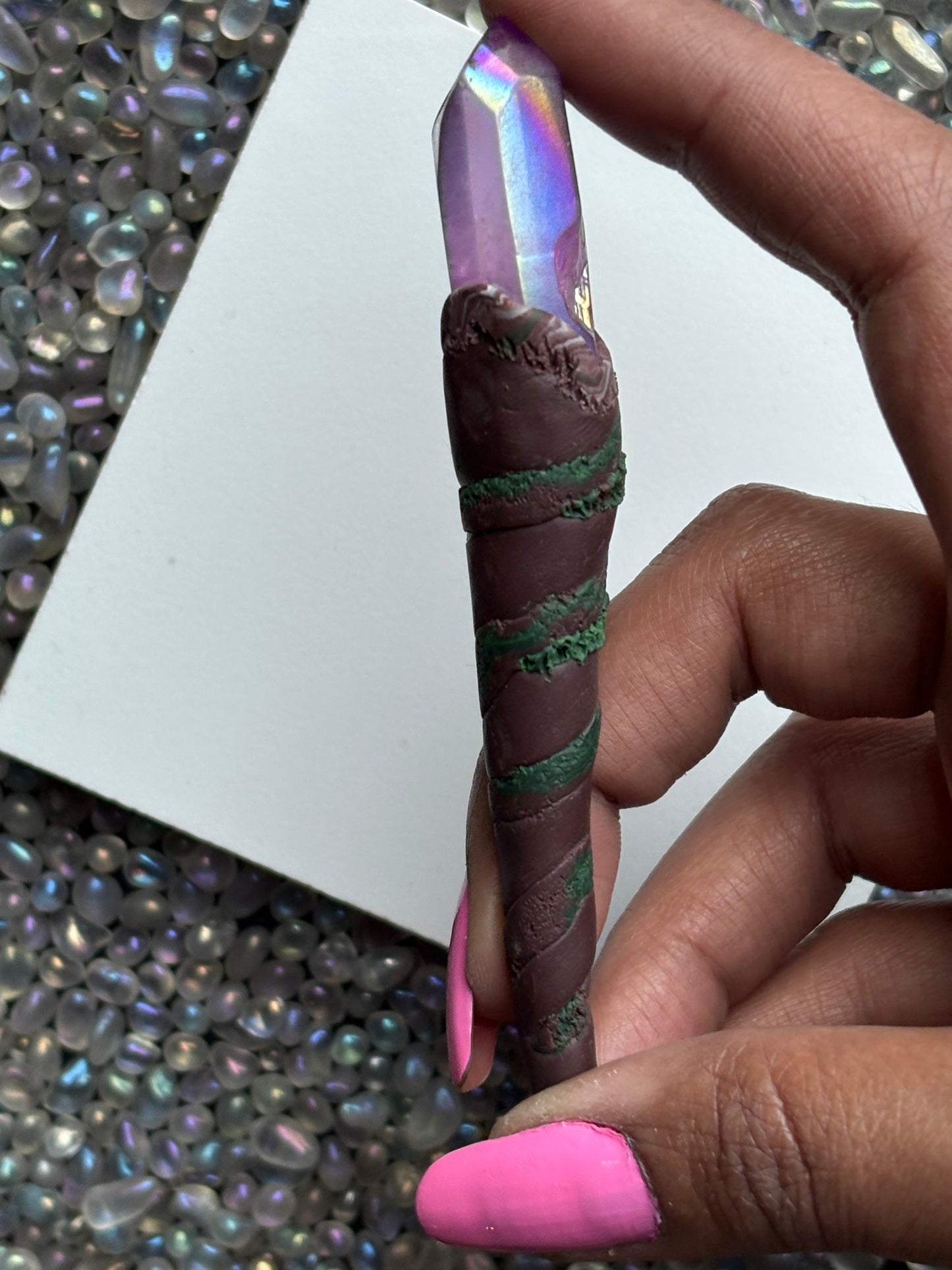 Purple Aura Quartz Crystal Gemstone Enchanted Forest Clay Wand