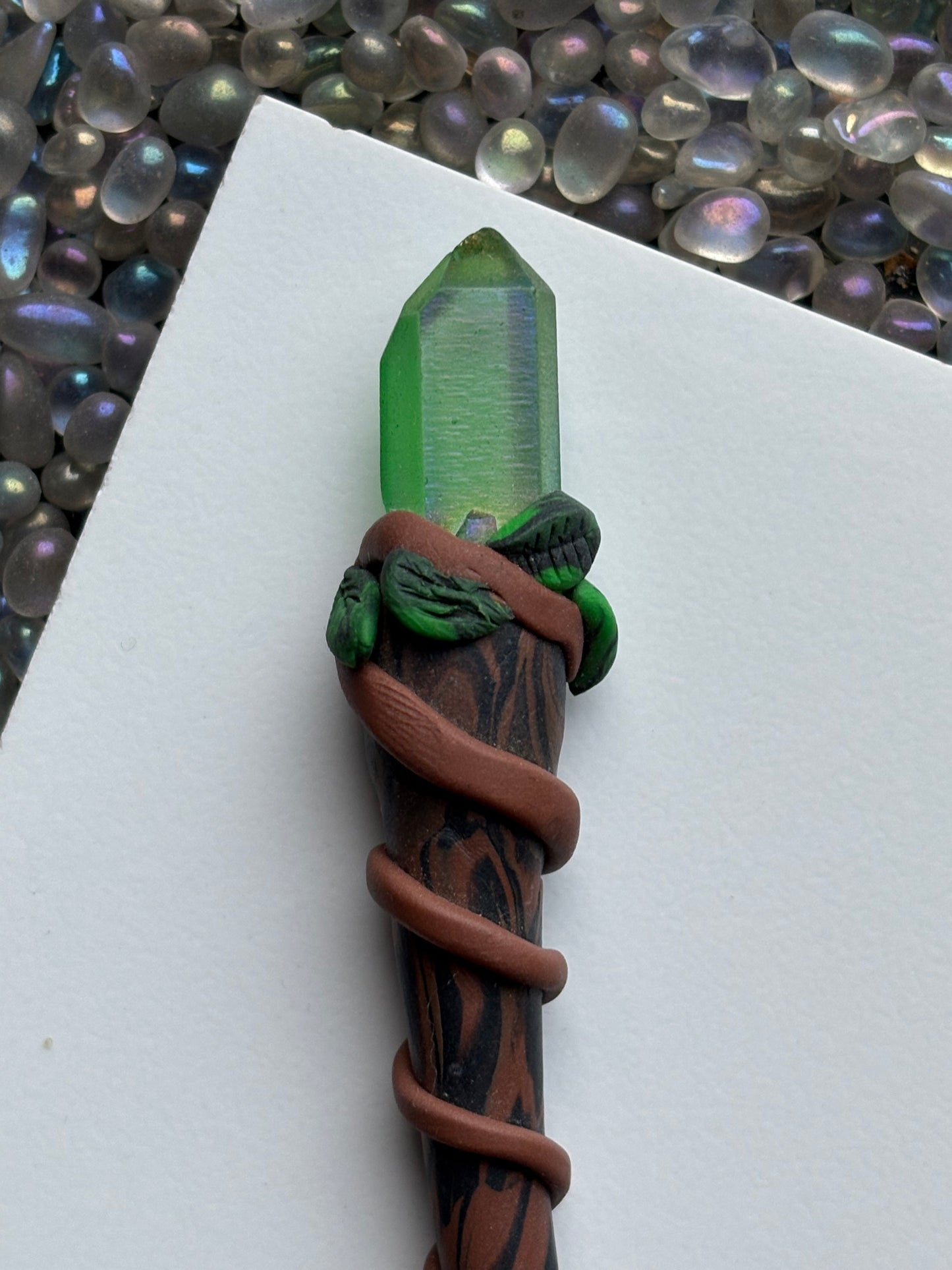 Apple Aura Quartz Crystal Gemstone Wooden Leaf Clay Wand