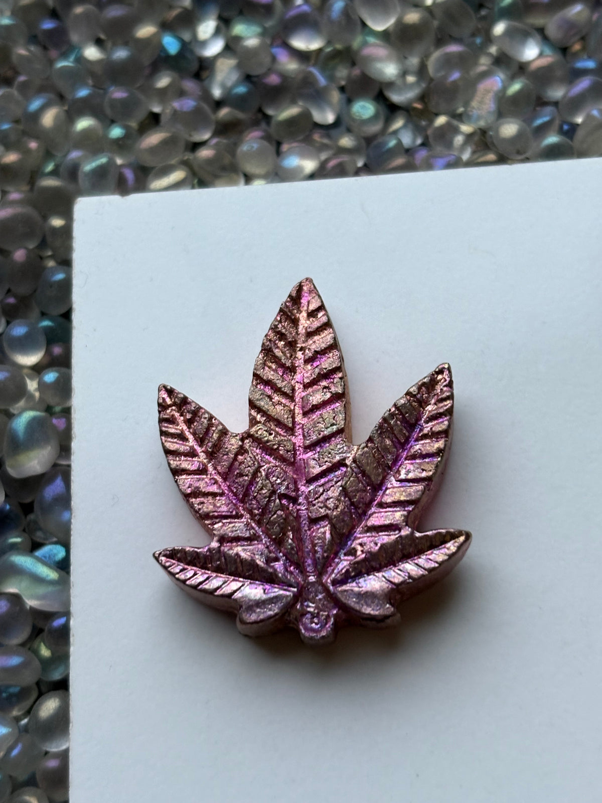 Peach Pink Bismuth Crystal Pot Leaf Metal Art Sculpture