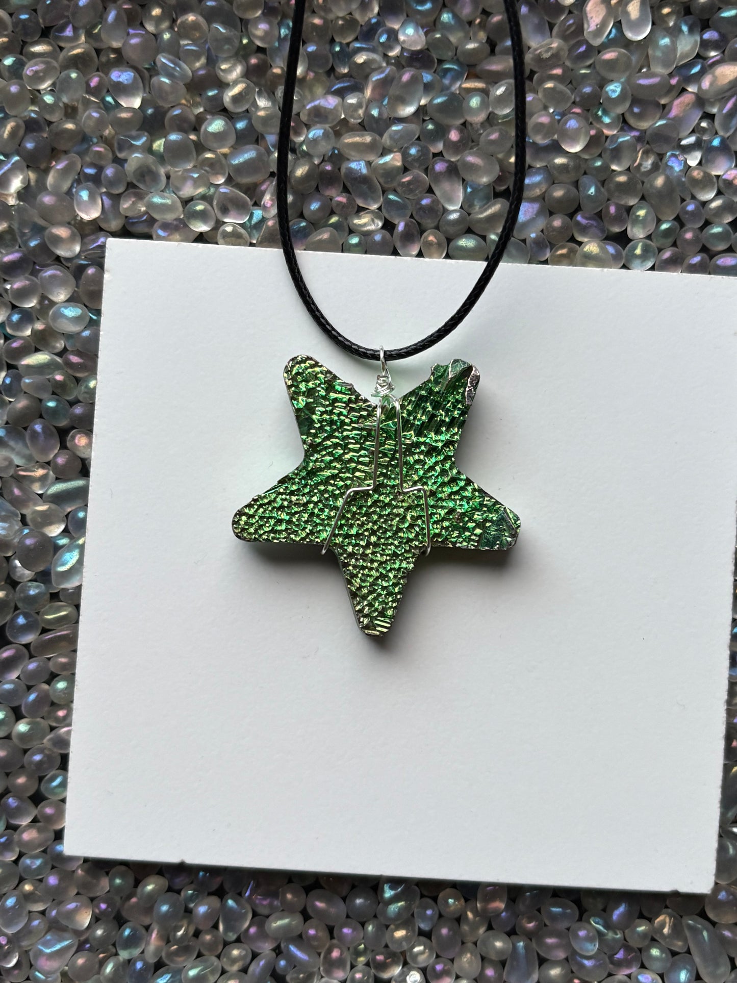 Green Bismuth Star Crystal Cut Out Metal Art Cord Necklace
