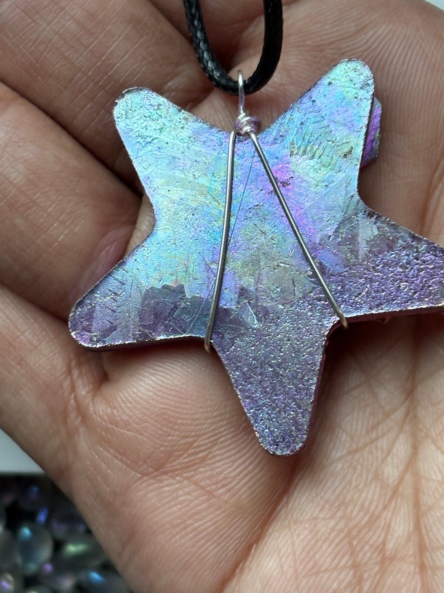 Pink Bismuth Star Crystal Cut Out Metal Art Cord Necklace