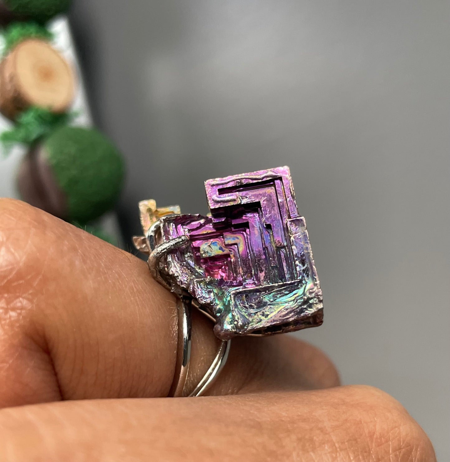 Bismuth Crystal Metal Art Silver Ring