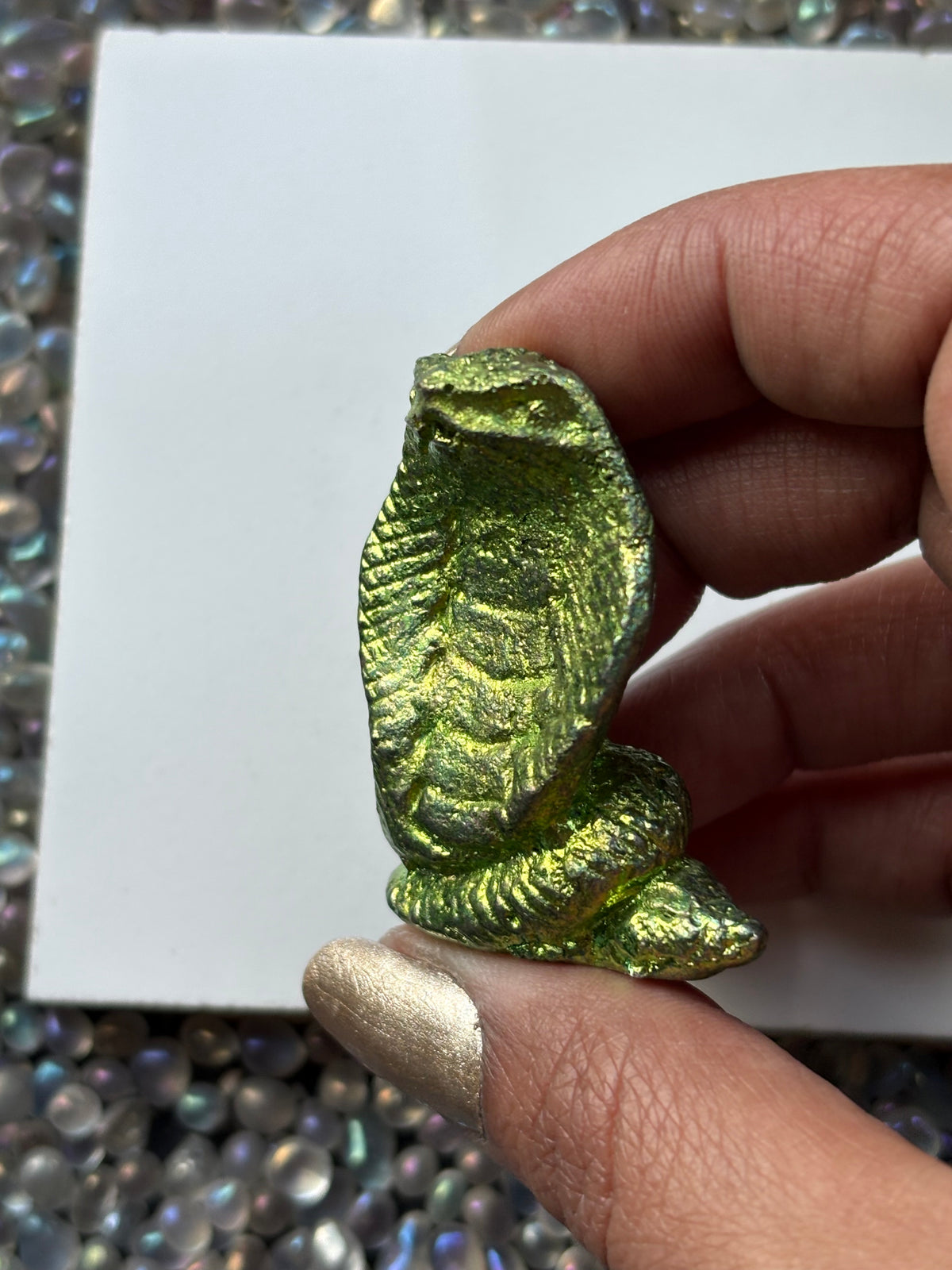 Green Bismuth Crystal Cobra Snake Metal Art Sculpture