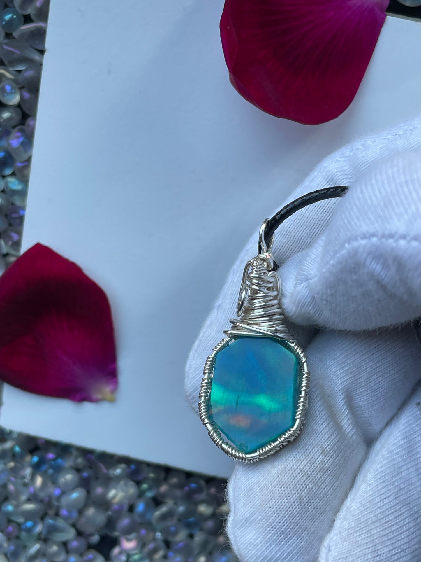 Carved Aurora Opal Doublet Crystal Gemstone - Wire Wrapped Necklace