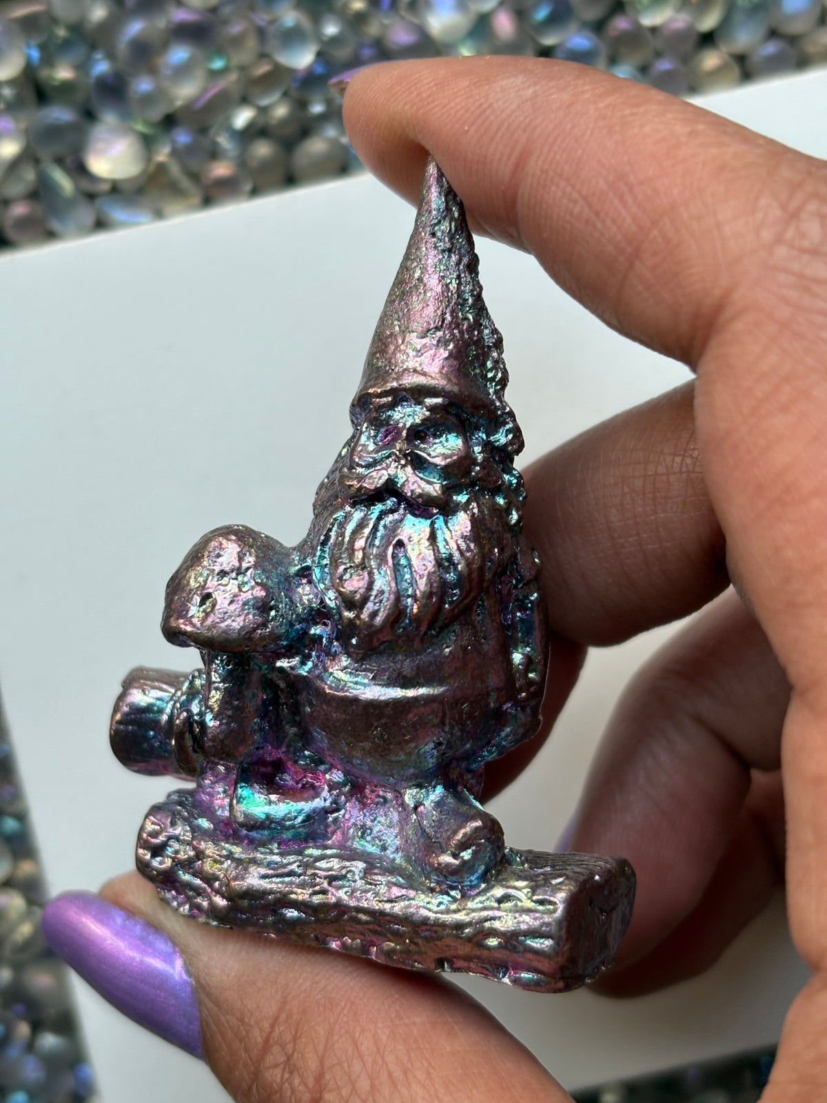 Purple Blue Bismuth Crystal Gnome Metal Art Sculpture