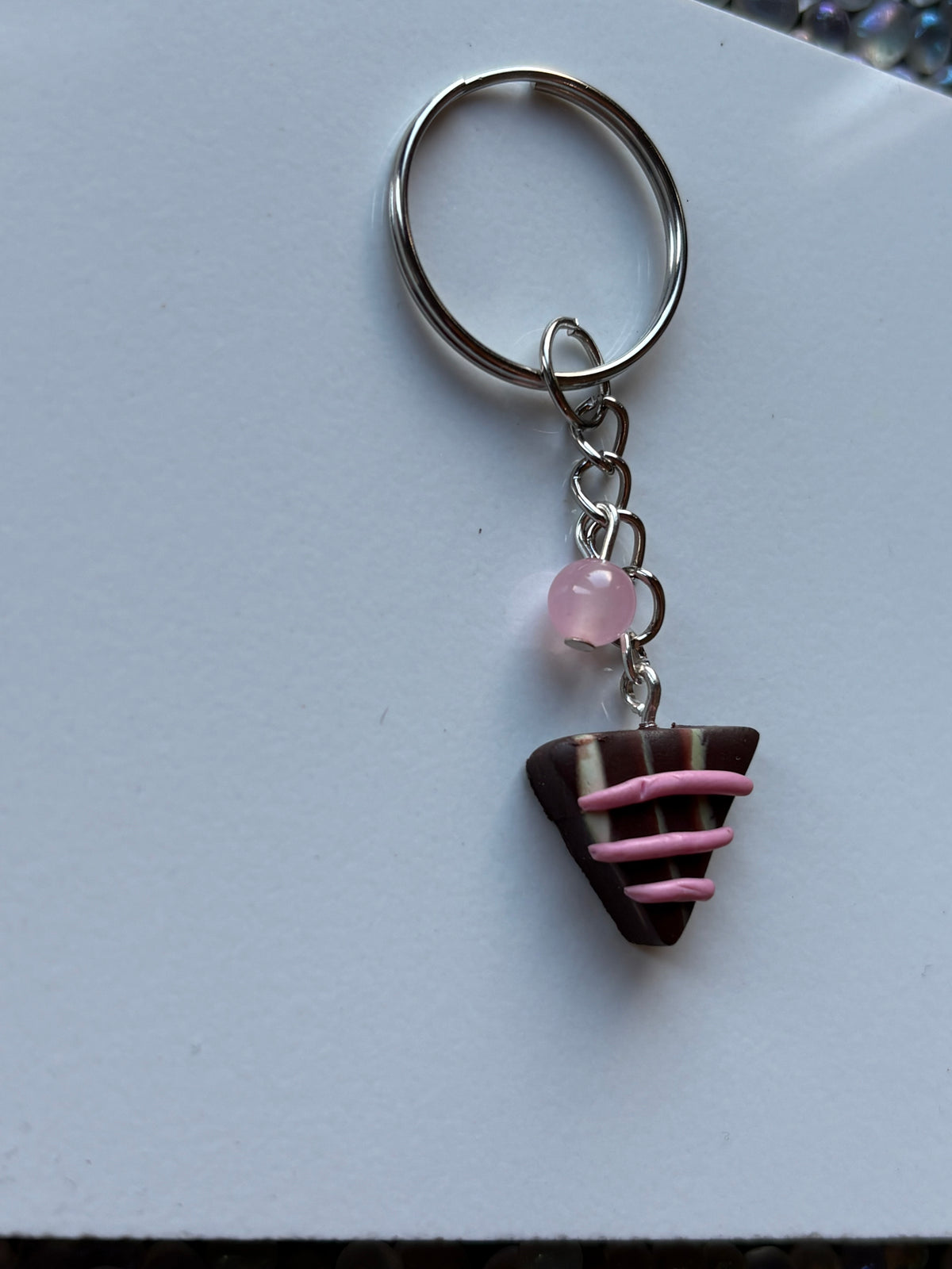 Chocolate Candy Triangle Clay & Pink Quartz Crystal Gemstone Keychain