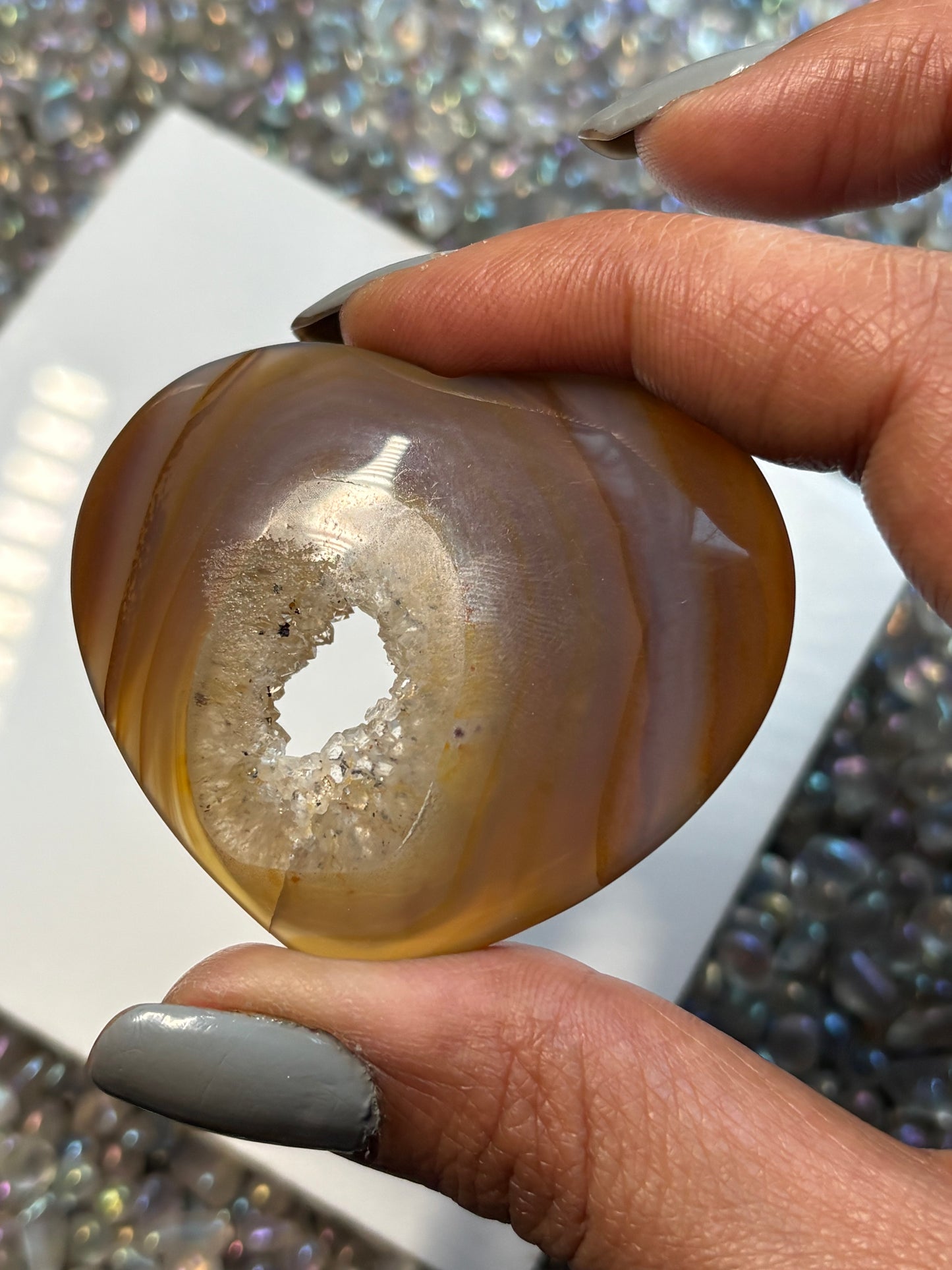 Beige Brown Druzy Agate Crystal Heart Carving - Small