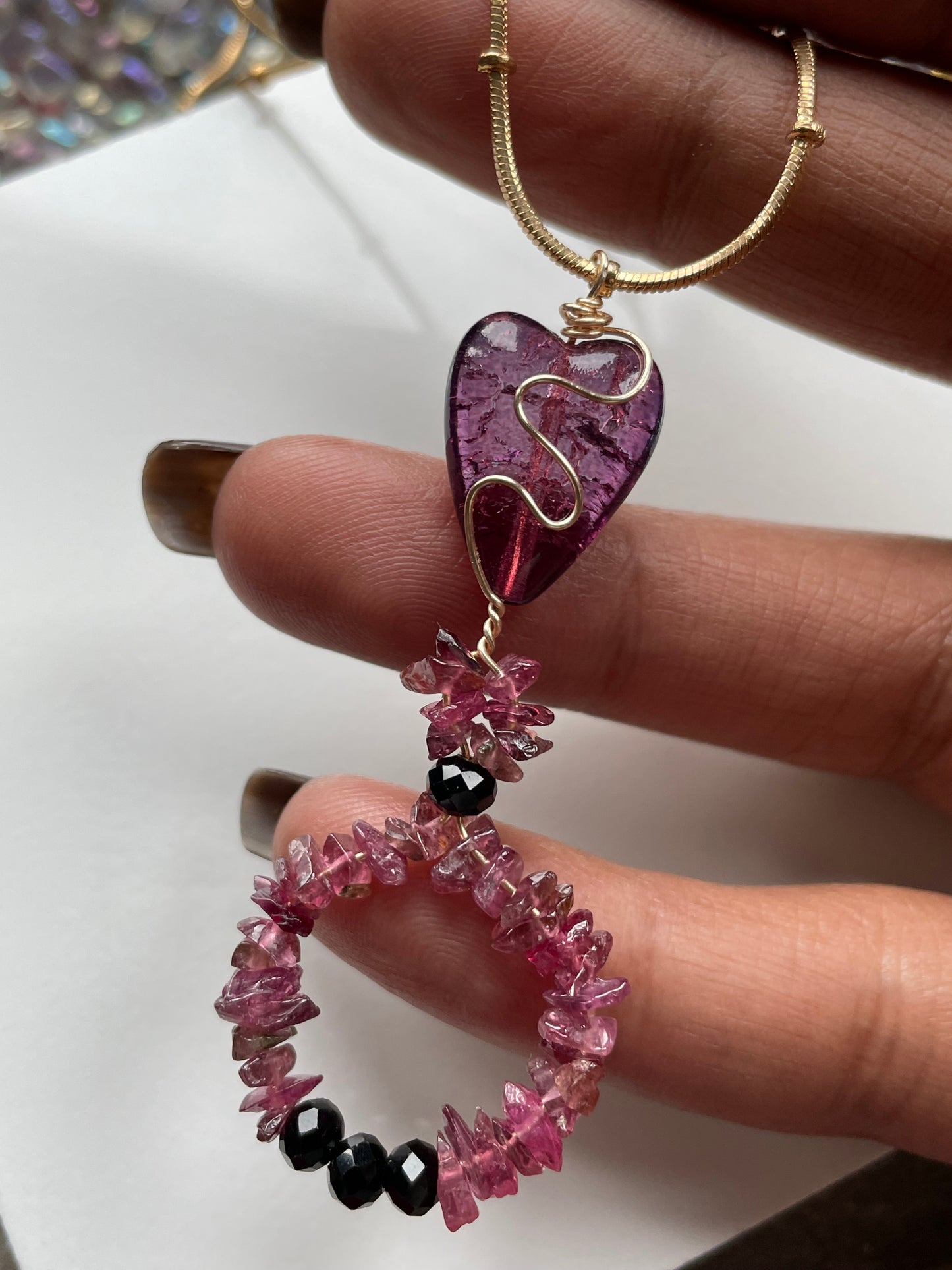 Pink Tourmaline Crystal Gemstone Rough Nugget Heart Necklace