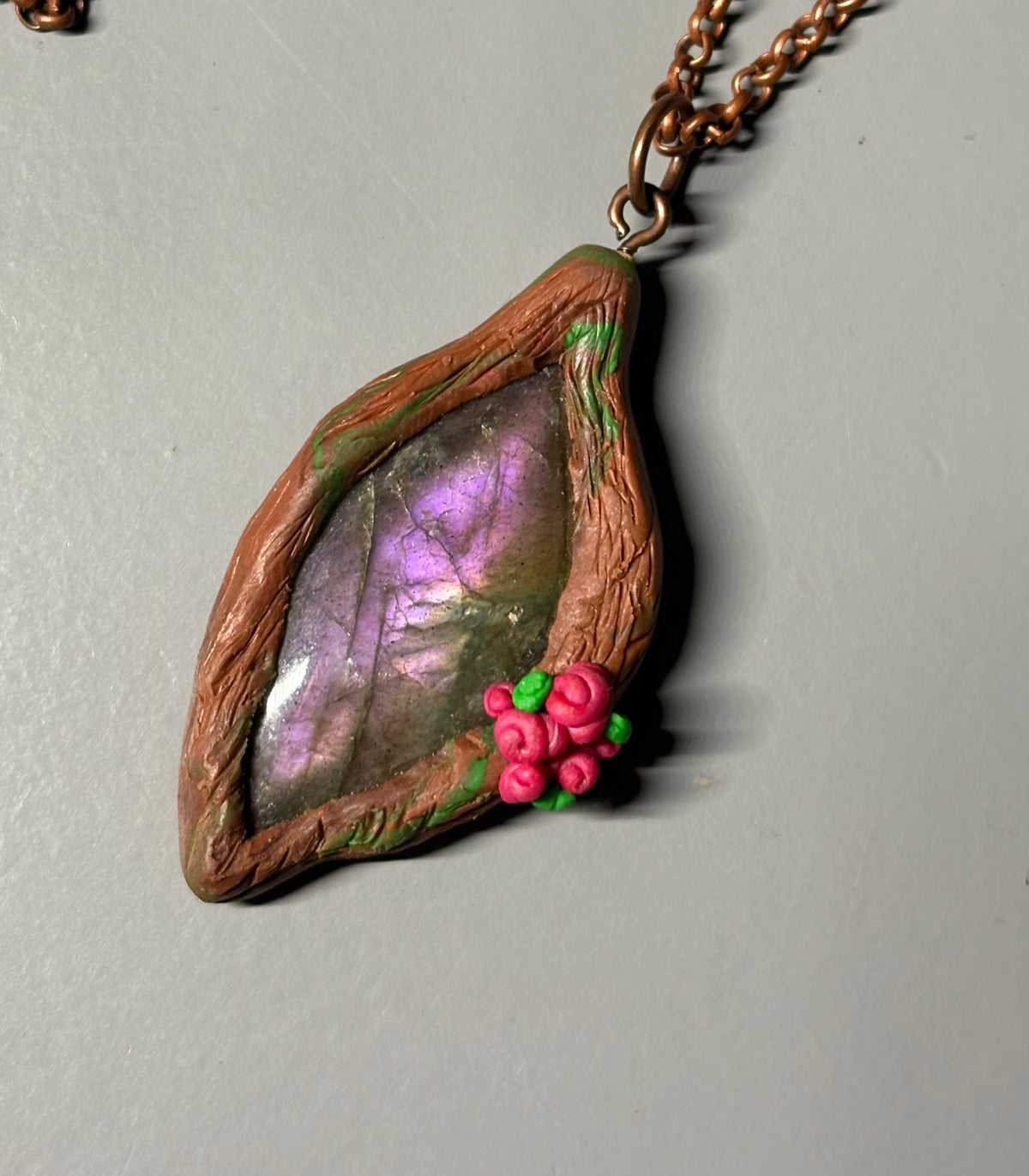 Purple Labradorite Crystal Gemstone Enchanted Rose Forest Clay Pendant Necklace