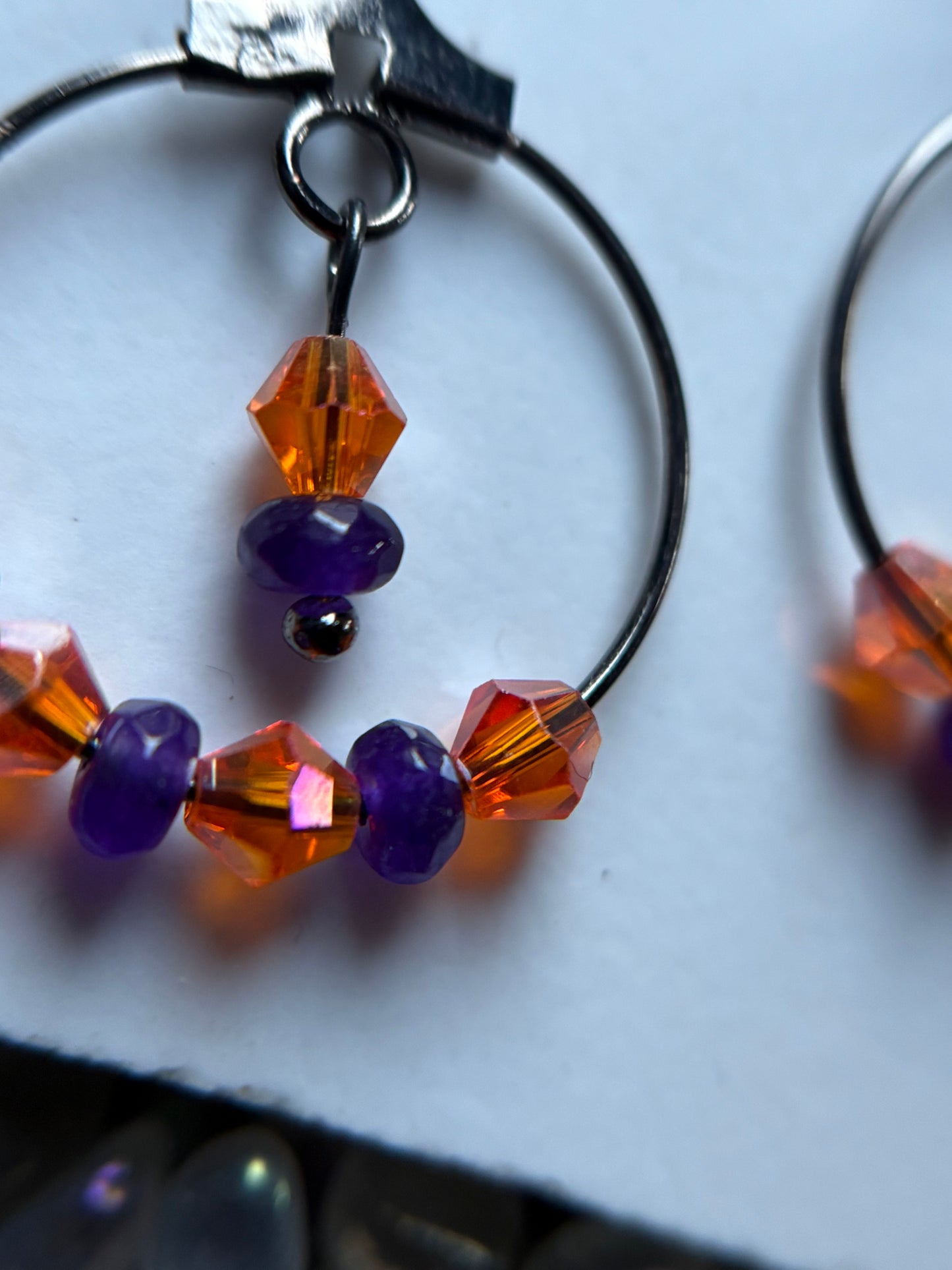 Purple Quartzite Gemstone & Orange Swarovski Crystal Hoop Black Earrings