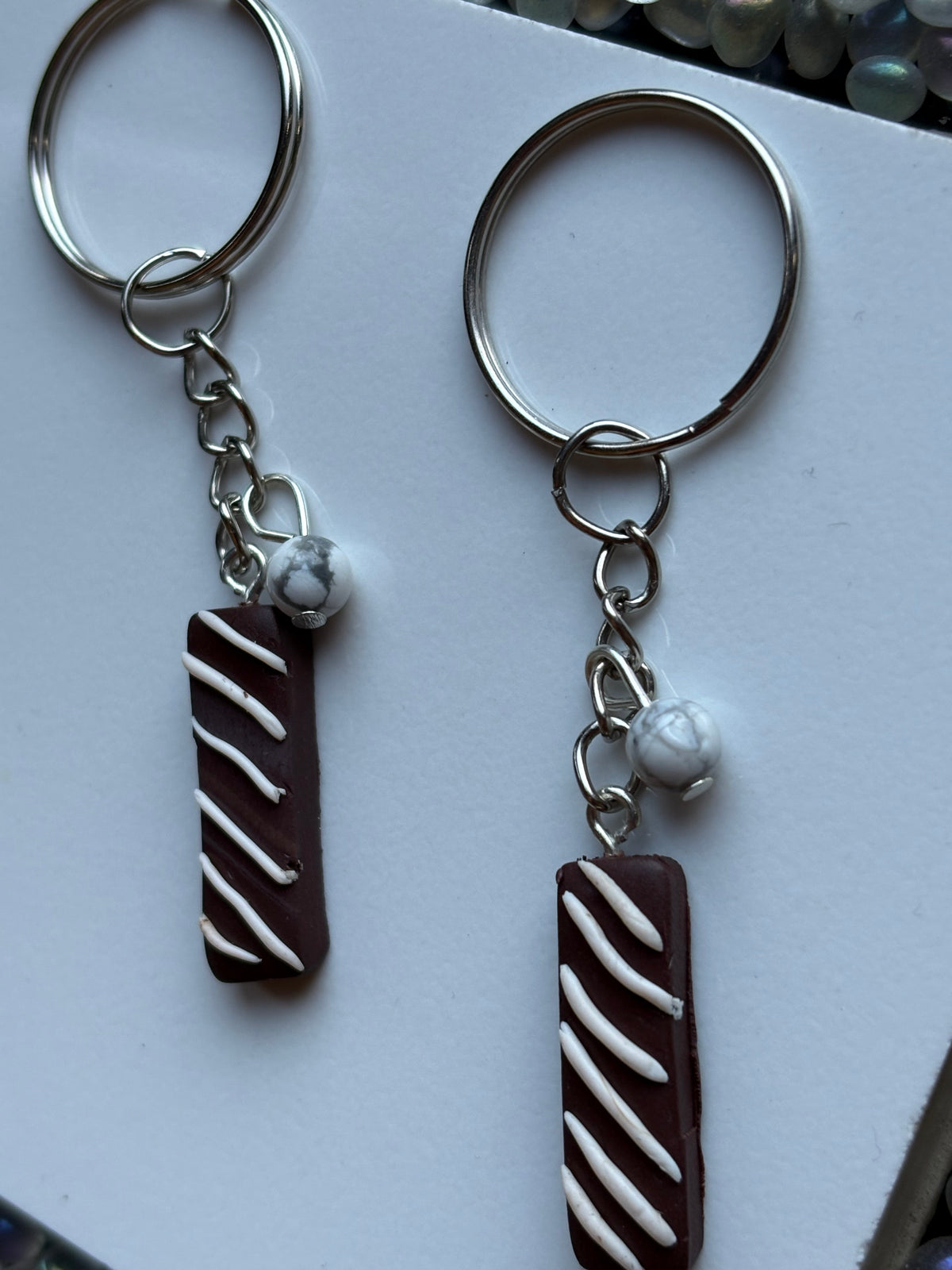 Chocolate Candy Bar Clay & Howlite Crystal Gemstone Keychain (Silver)
