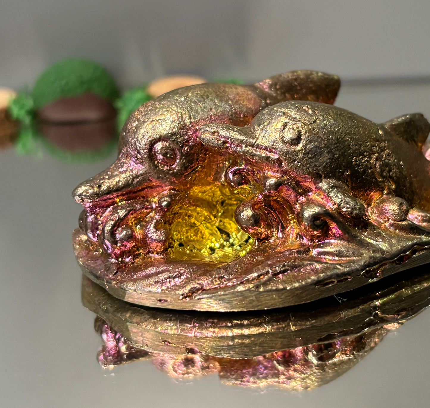 Gold Pink Bismuth Crystal Dolphin Pair Metal Art Sculpture