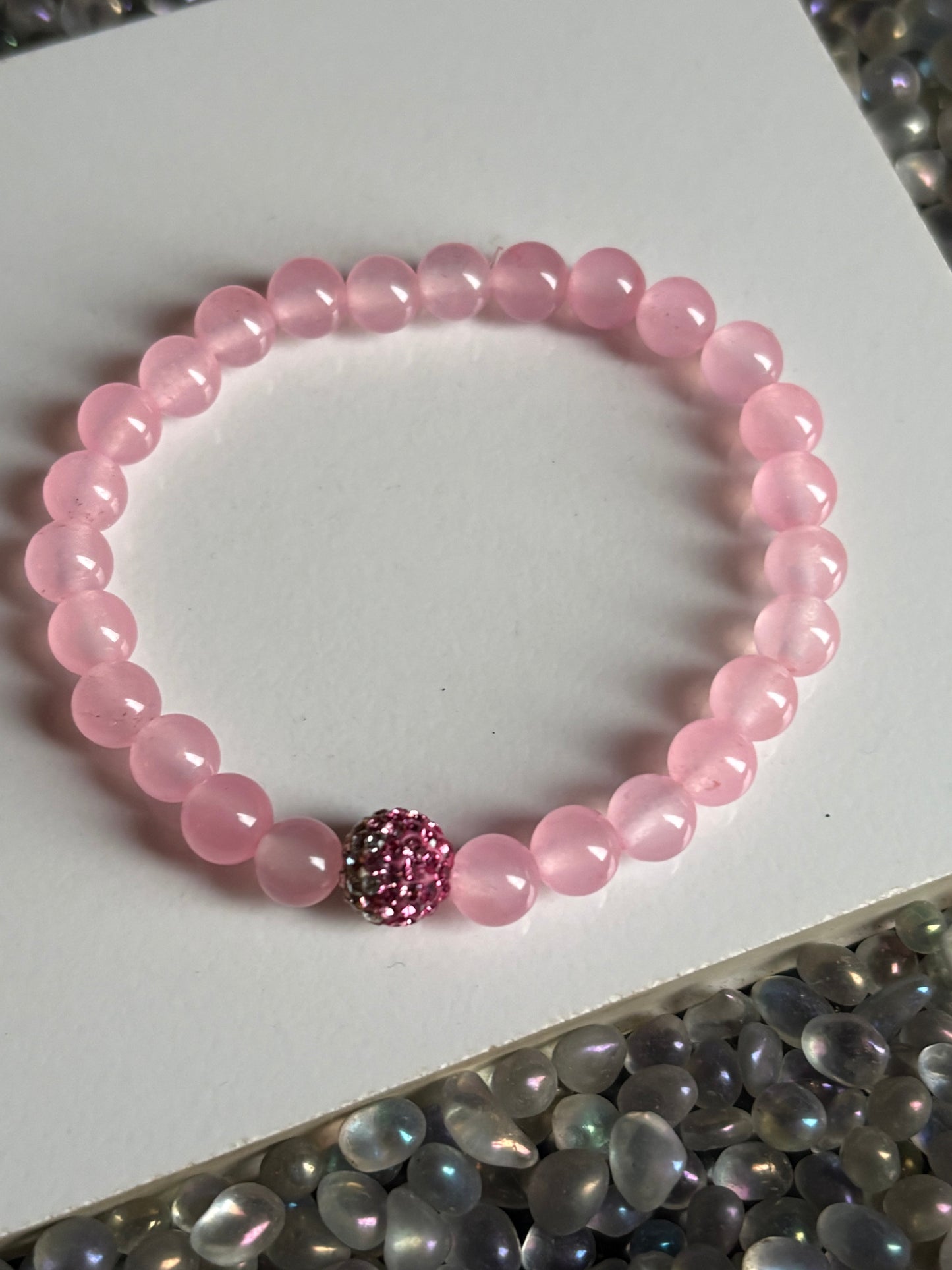 Rose Quartz Crystal Pave Centre Gemstone Stretch Bracelet