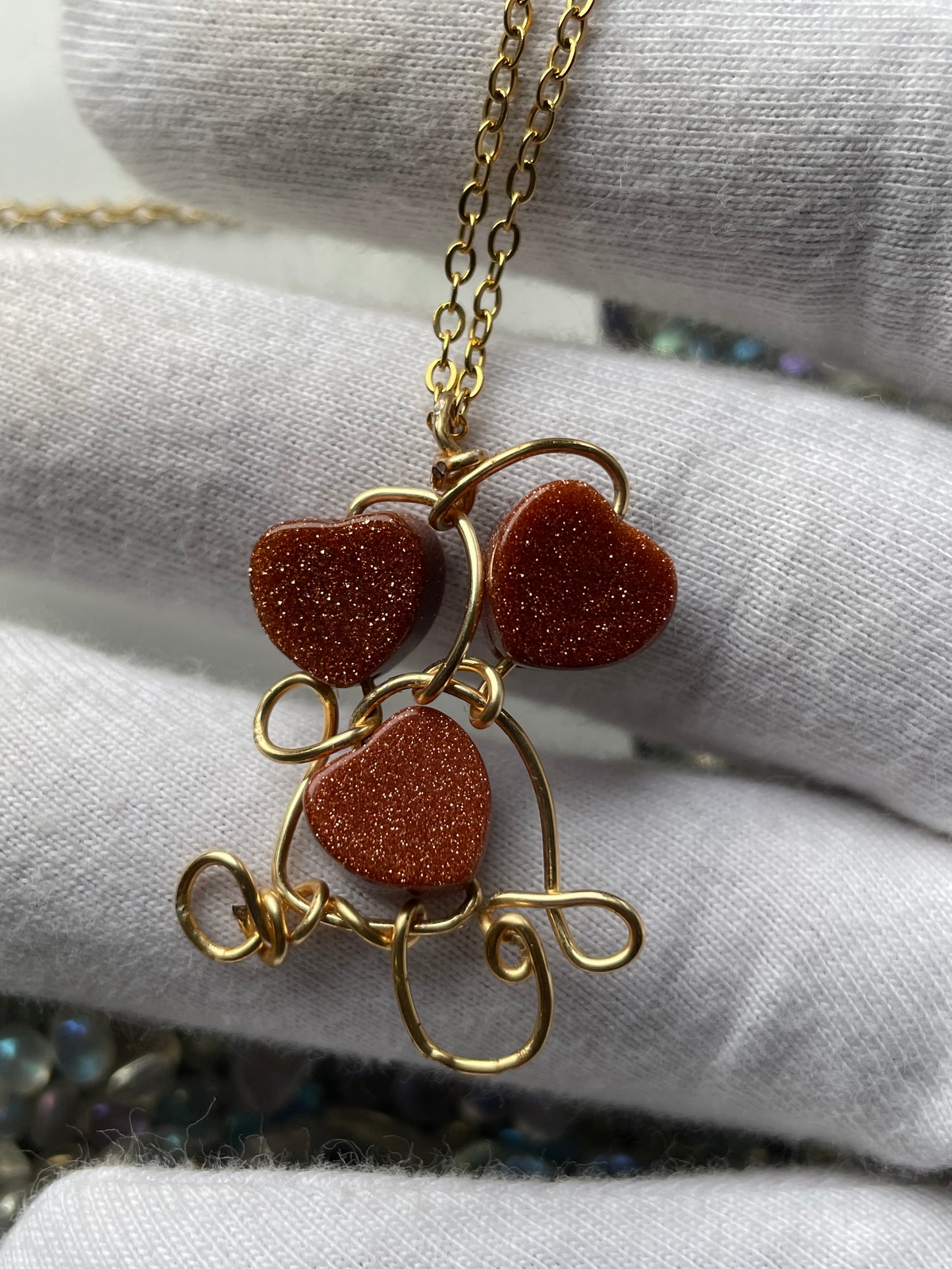 Goldstone Crystal Gemstone Heart Wire Gold Necklace