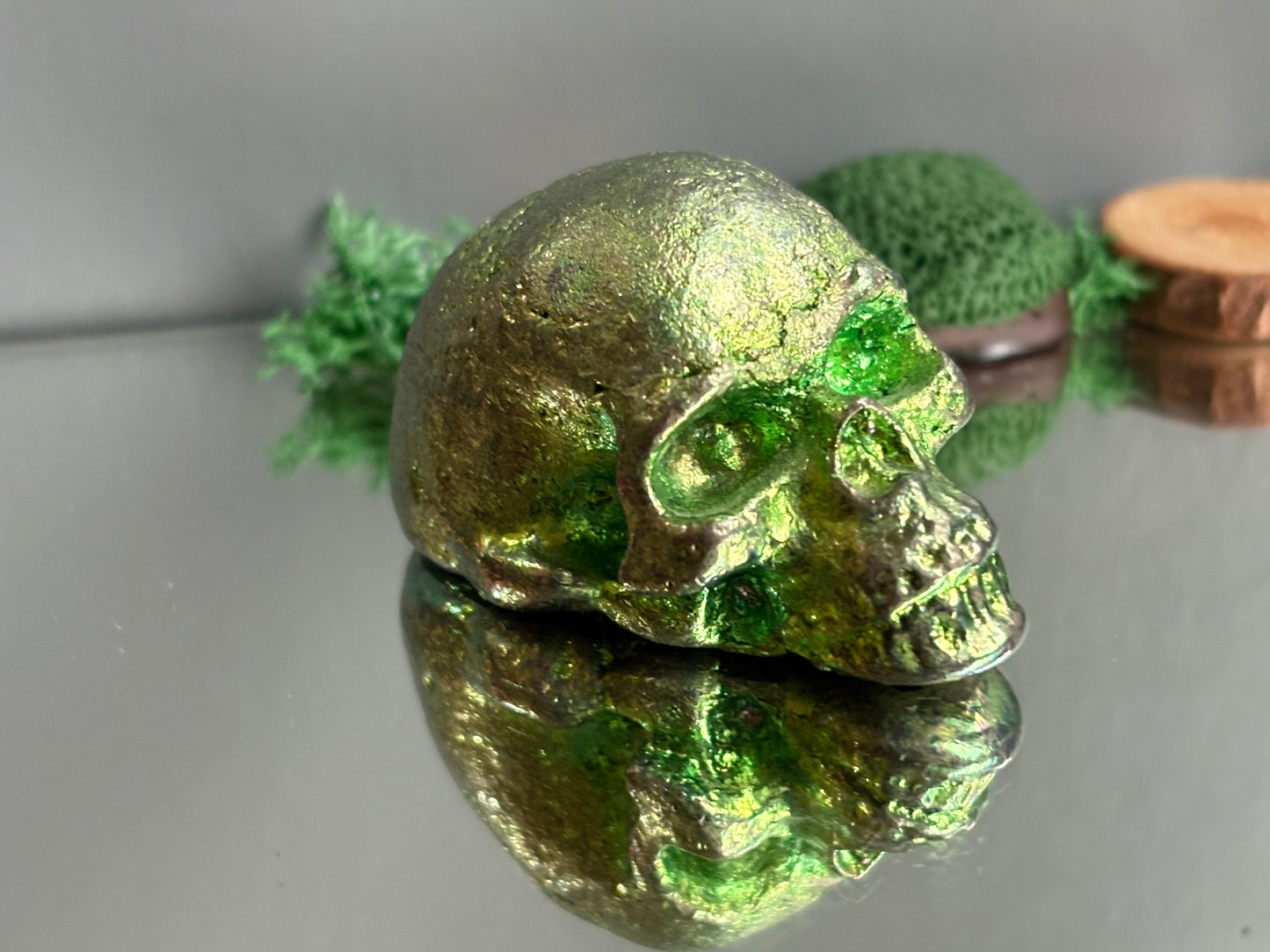 Green Bismuth Crystal Small Skull Metal Sculpture
