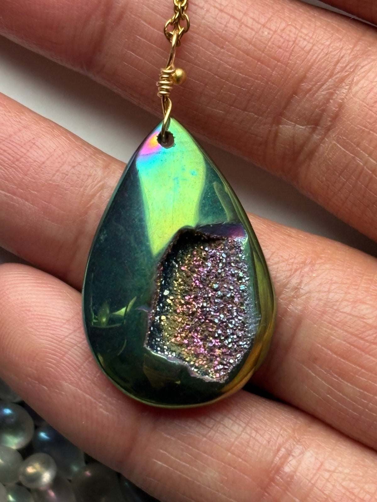 Peacock Green Aura Druzy Quartz Crystal Gemstone Gold Necklace