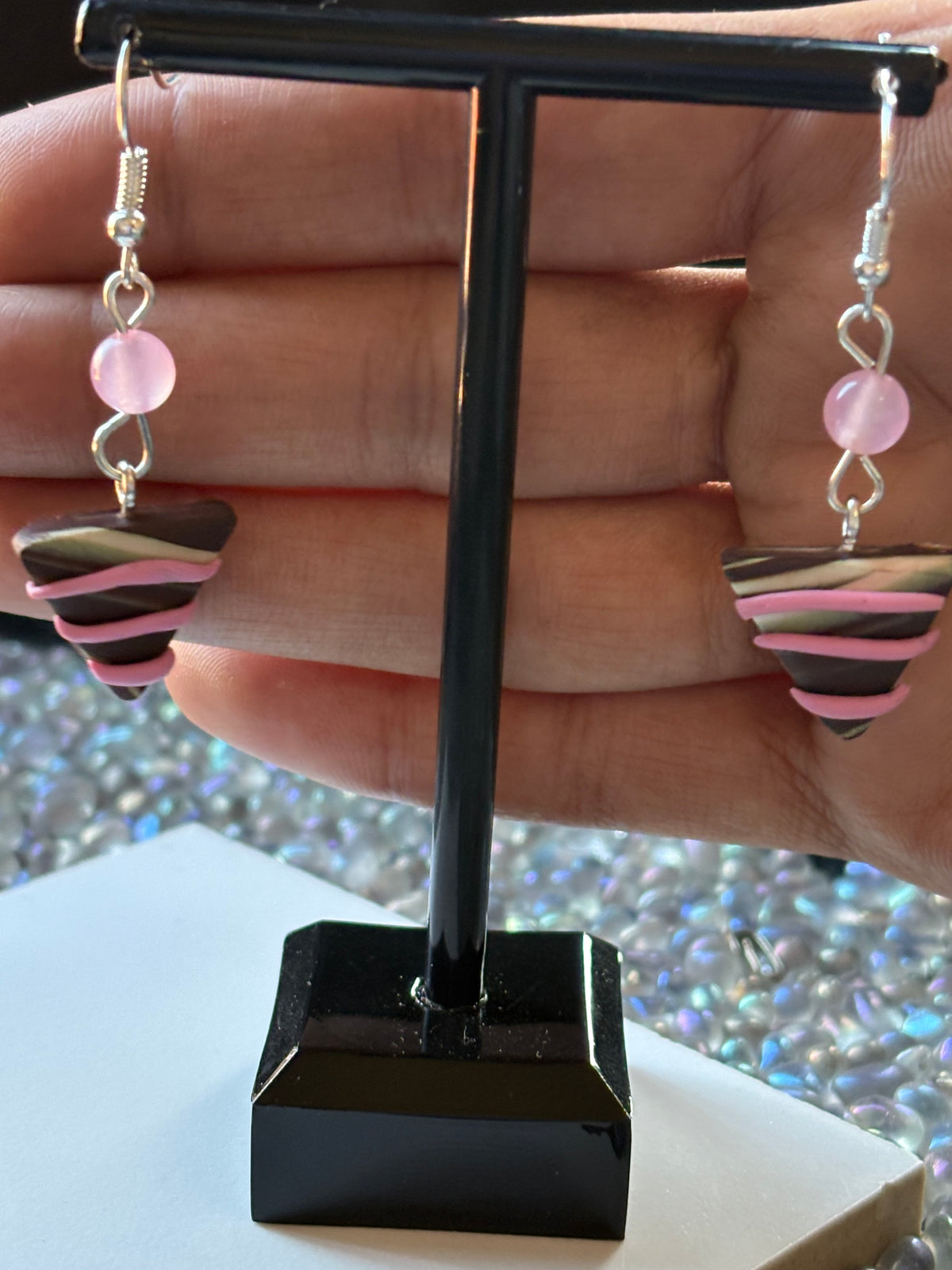 Chocolate Candy Triangle Clay & Pink Quartz Crystal Gemstone Silver Earrings