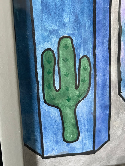 Succulent Cactus - Blue Fluorite Gemstone Crystal - Original Watercolour Framed Painting