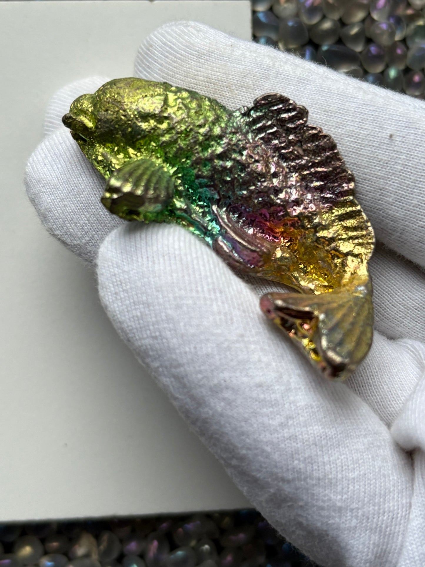 Rainbow Bismuth Crystal Small Kio Fish Metal Art Sculpture