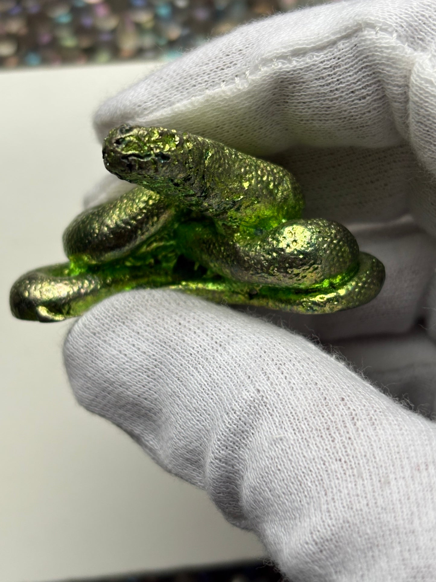 Green Bismuth Crystal Coil Snake Metal Art Sculpture