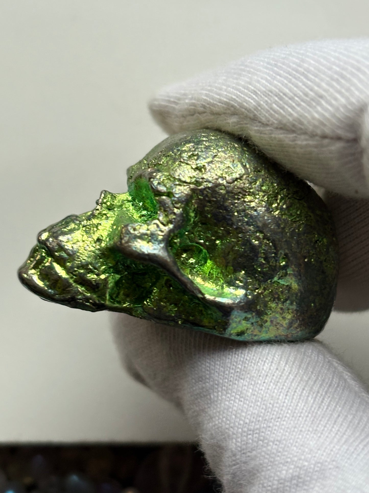 Green Bismuth Crystal Small Skull Metal Sculpture