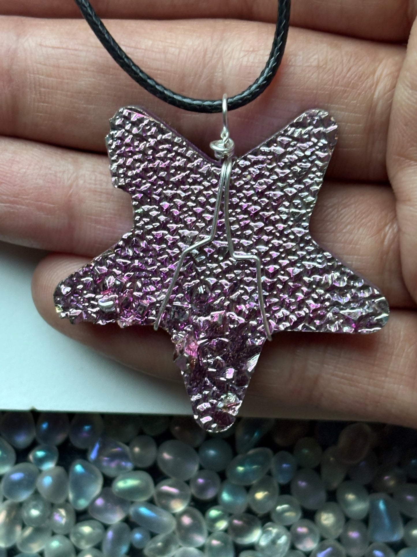 Pink Bismuth Star Crystal Cut Out Metal Art Cord Necklace