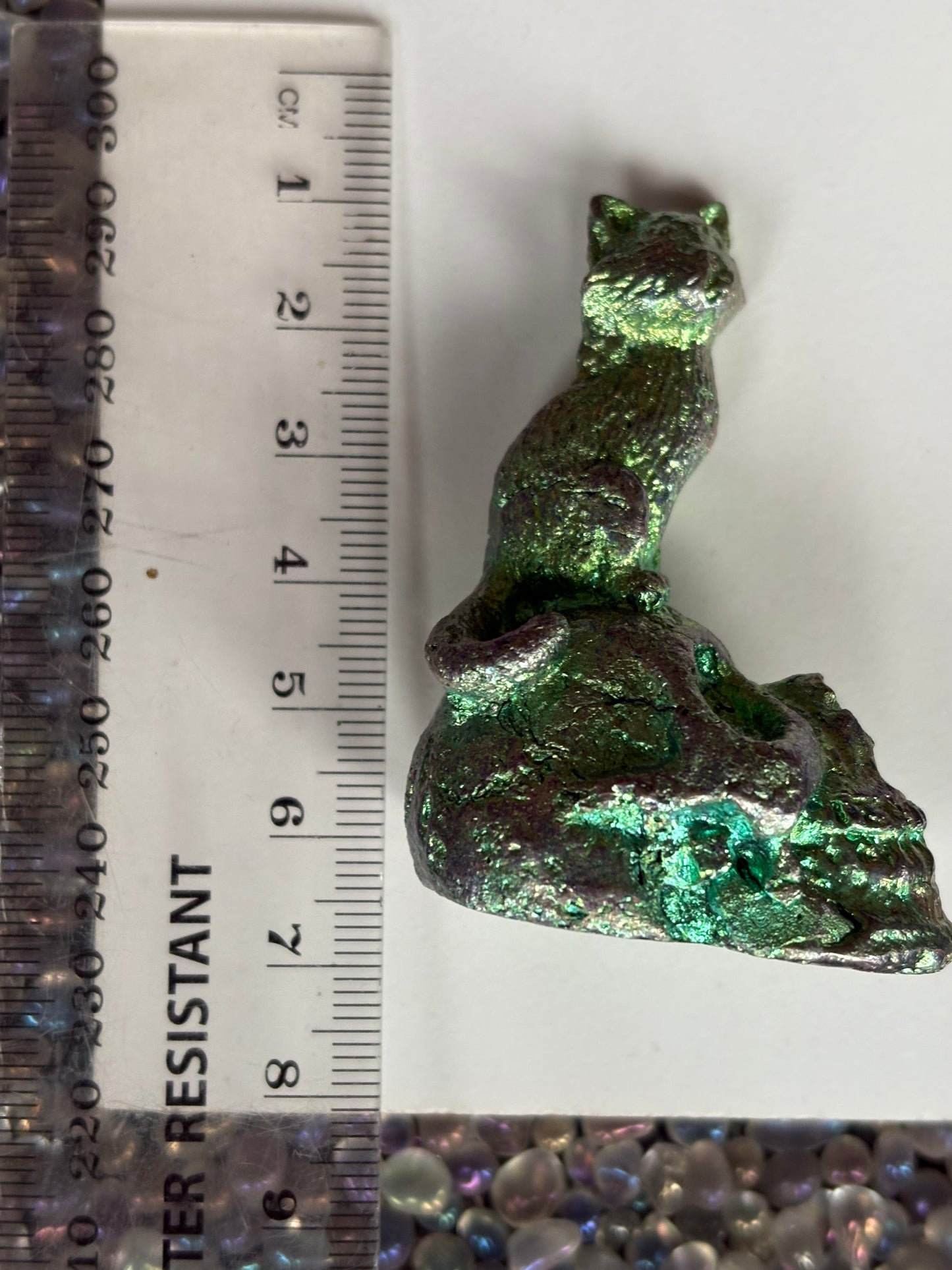 Teal Green Bismuth Crystal Cat on Skull Metal Art Sculpture