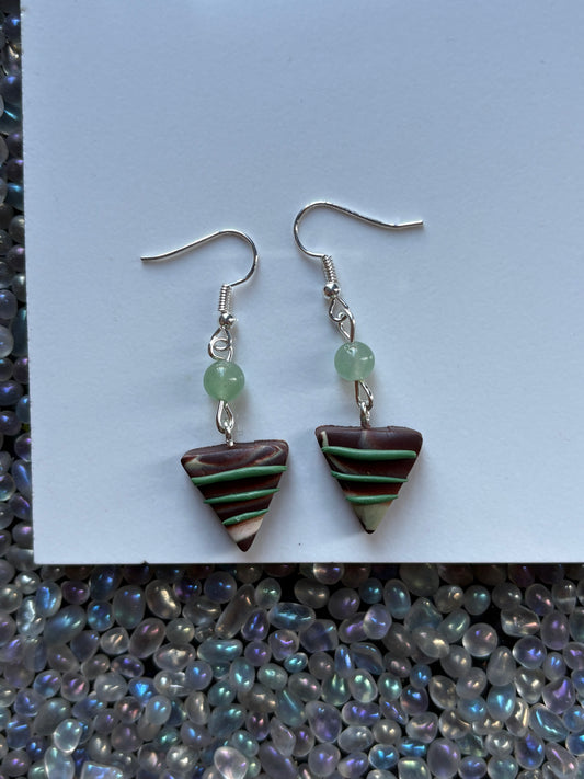 Chocolate Candy Triangle Clay & Green Aventurine Crystal Gemstone Silver Earrings