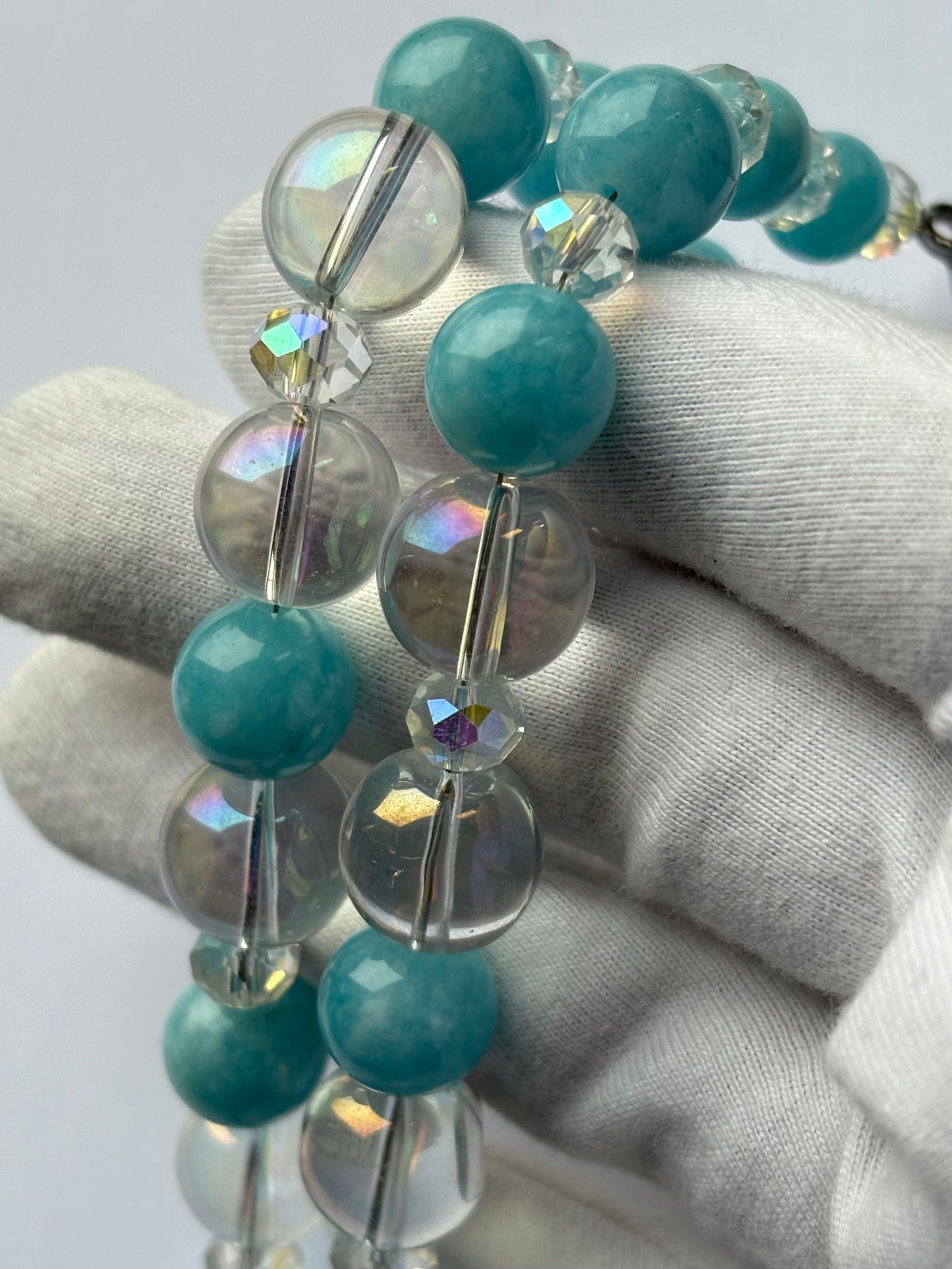 Blue Quartz Gemstone & Aura Coated Glass Crystal Beaded Silver Chunky Necklace