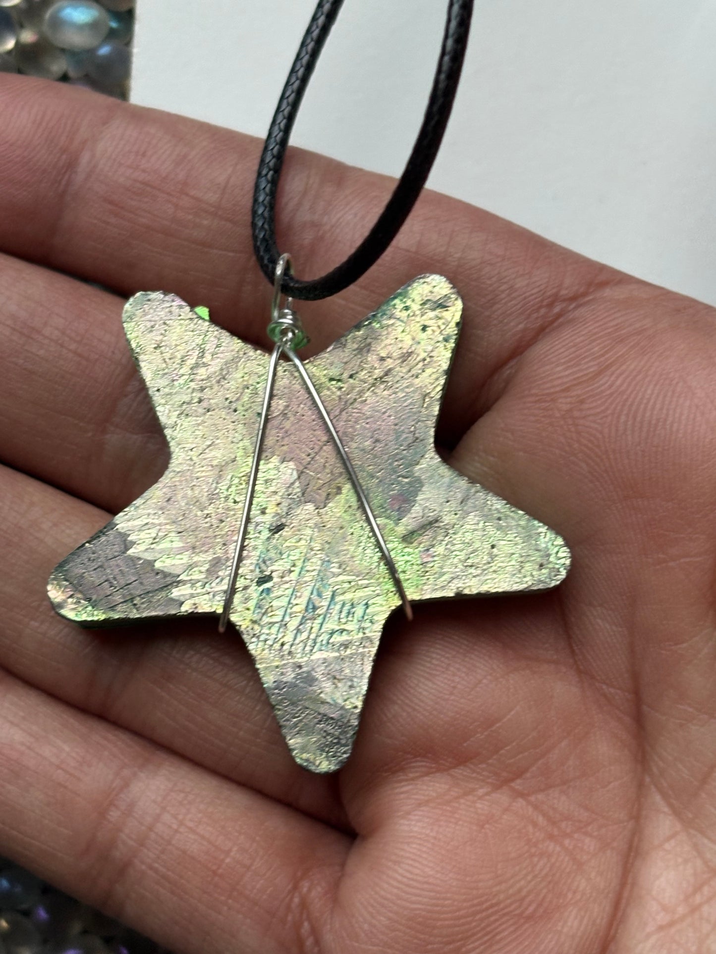Green Bismuth Star Crystal Cut Out Metal Art Cord Necklace