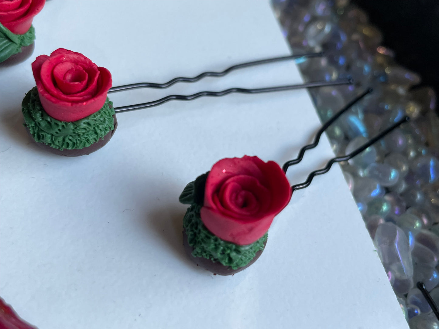 Enchanted Forest Rose Hair Pin Set - Red Glitter