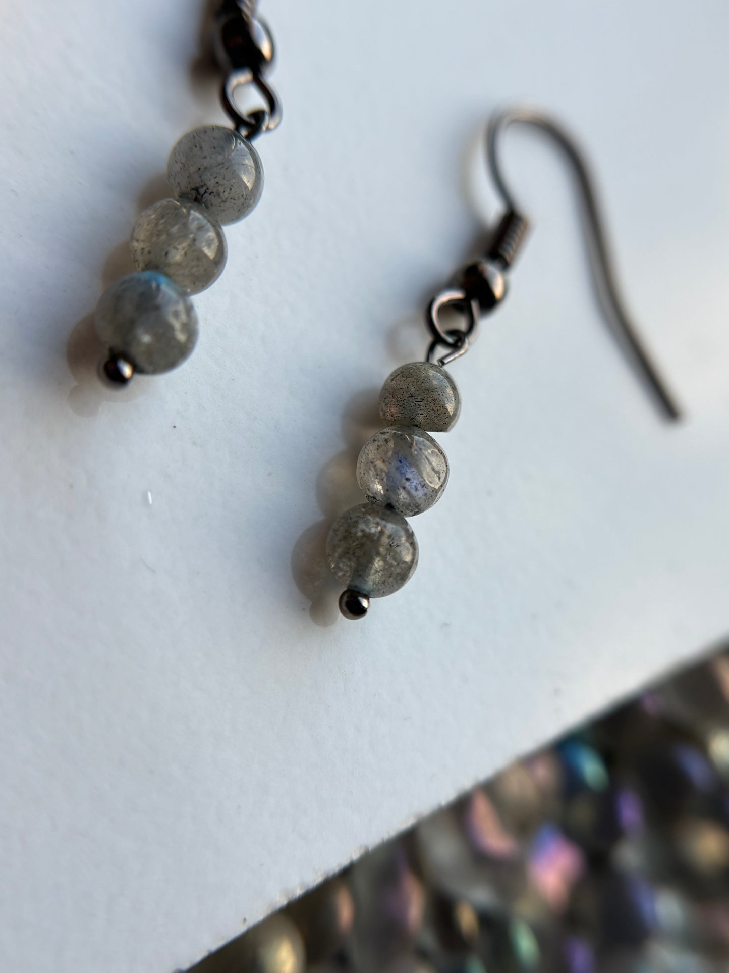 Labradorite Crystal Gemstone Black Metal Dainty Drop Earrings