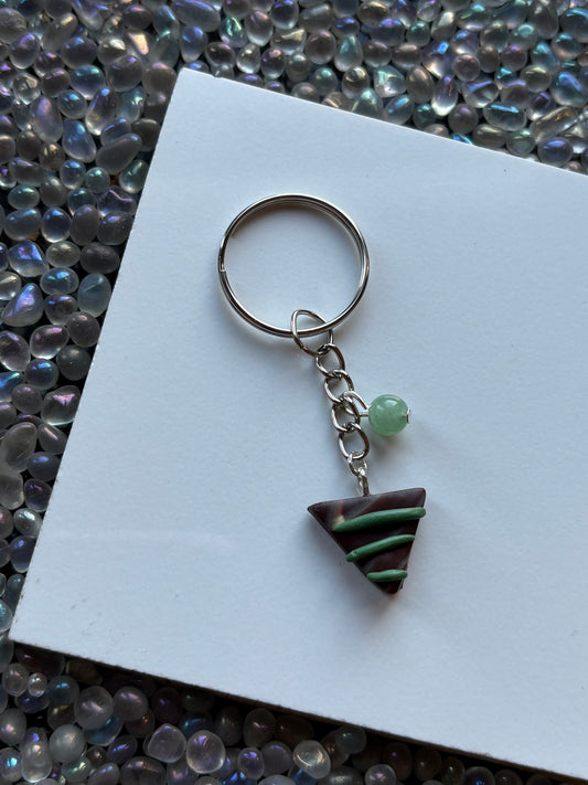 Chocolate Candy Triangle Clay & Green Aventurine Crystal Gemstone Keychain