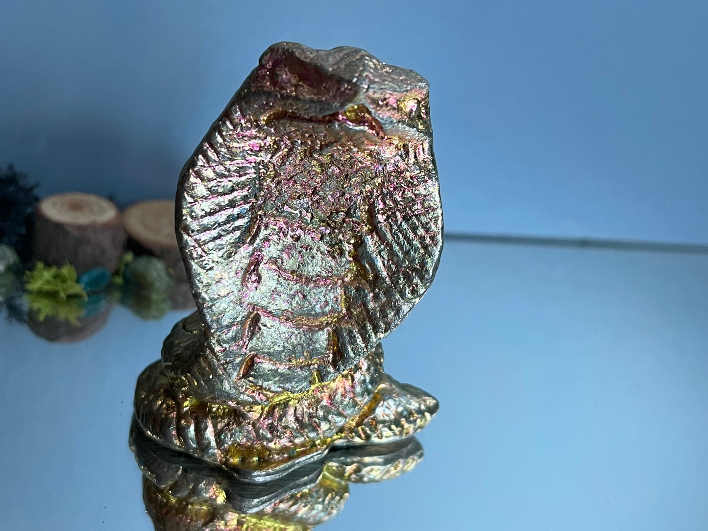 Gold Peach Bismuth Crystal Cobra Snake Metal Art Sculpture