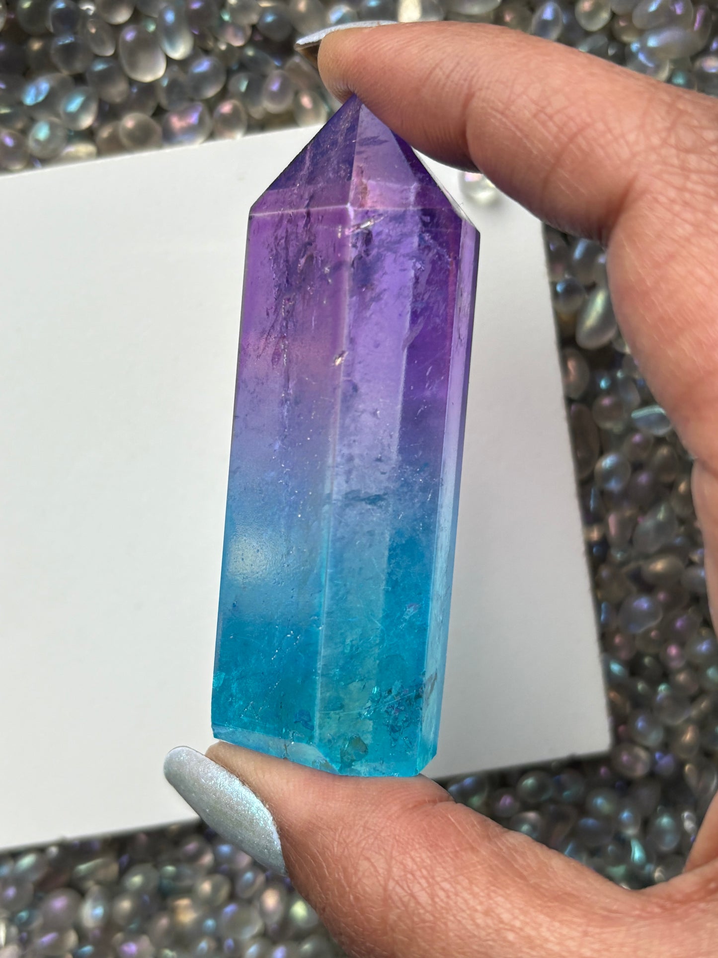 Purple & Aqua Blue Hybrid Aura Quartz Crystal Gemstone Tower Point (2)