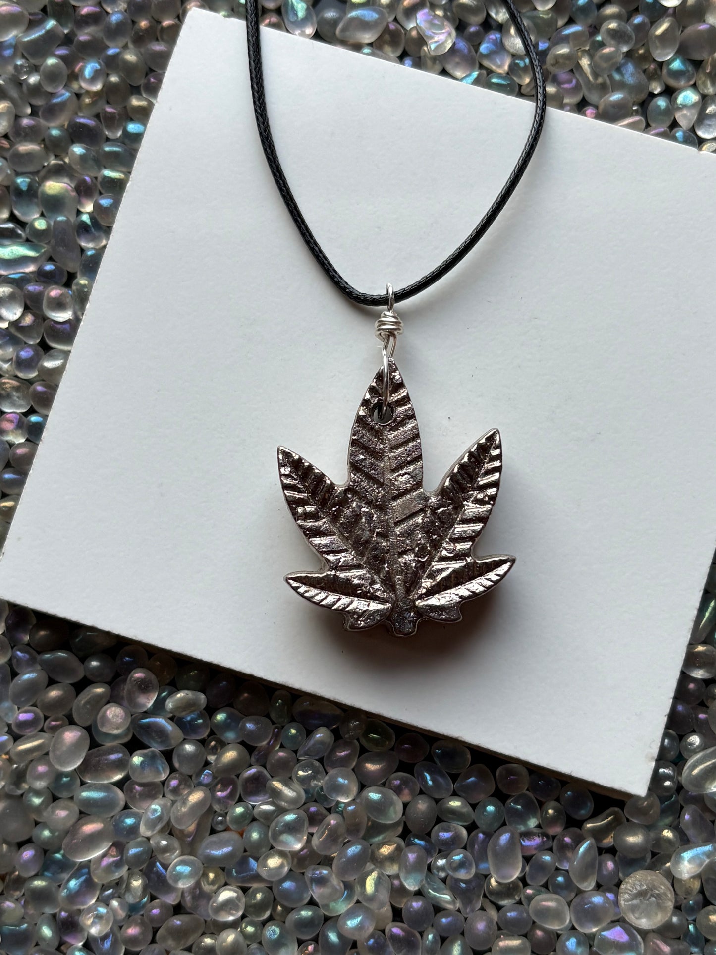 Silver Bismuth Crystal Silver Haze Leaf Necklace (1)